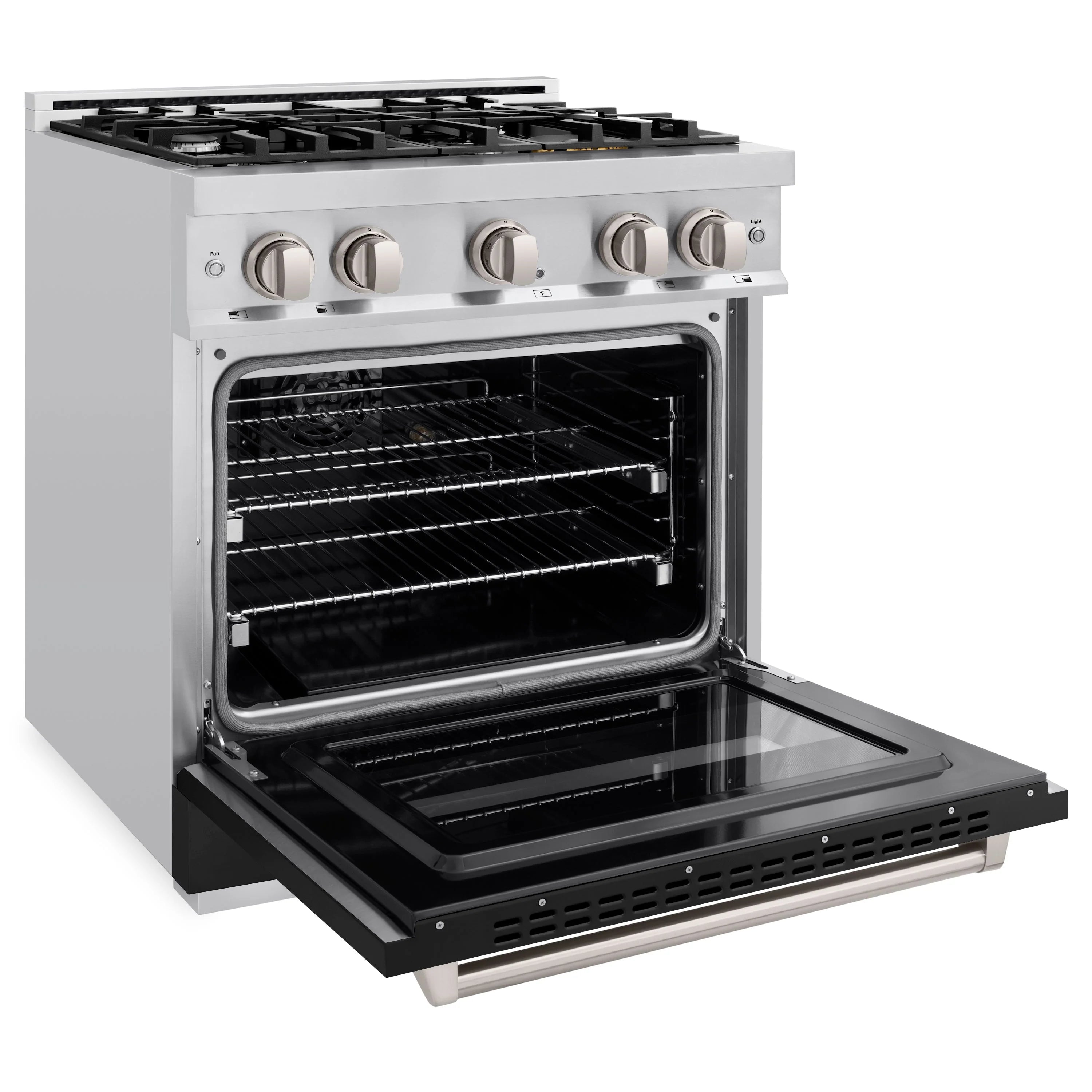 Stainless dual-fuel range oven door open showing black oven cavity and racks
