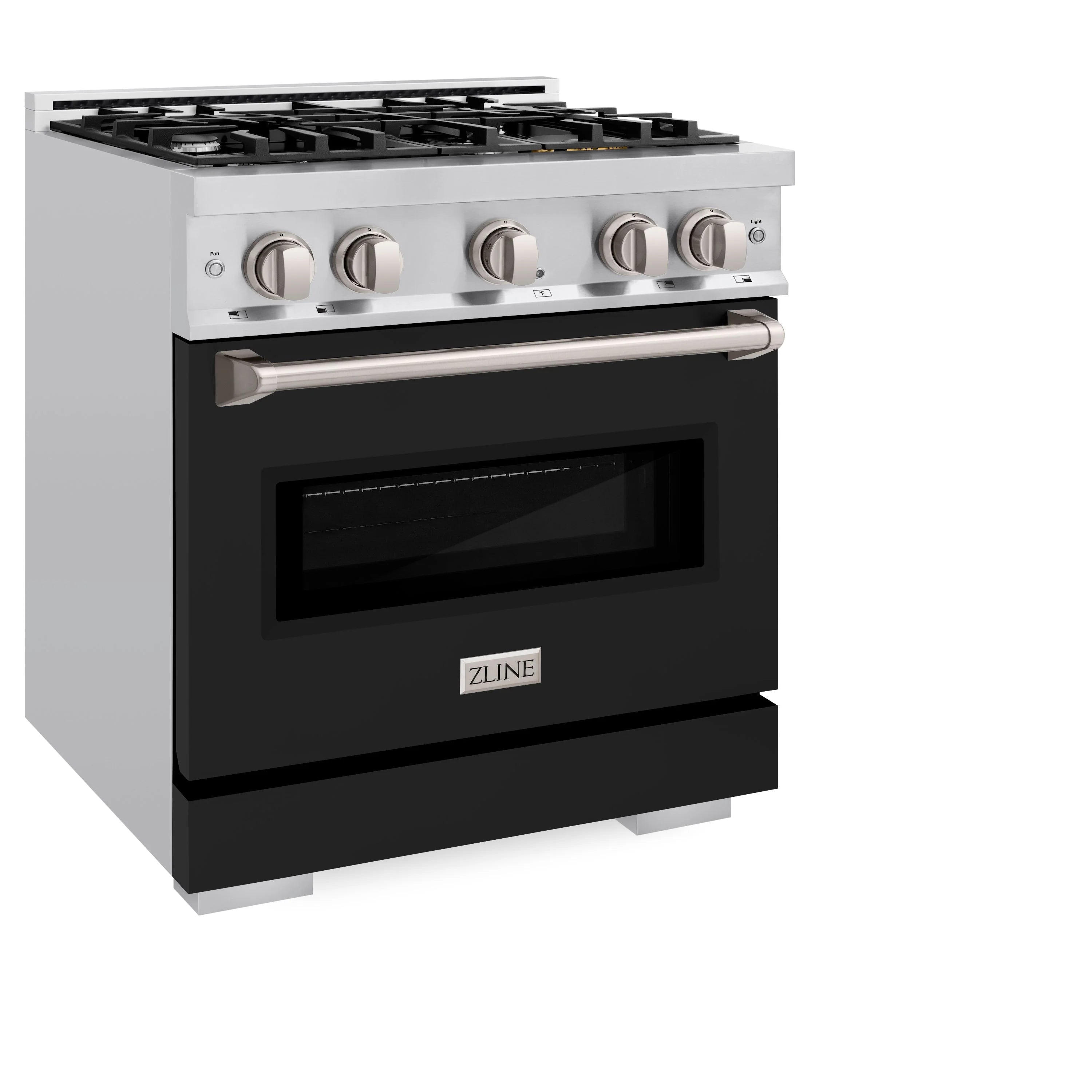 Stainless dual-fuel range with black matte oven door, handle, and control knobs