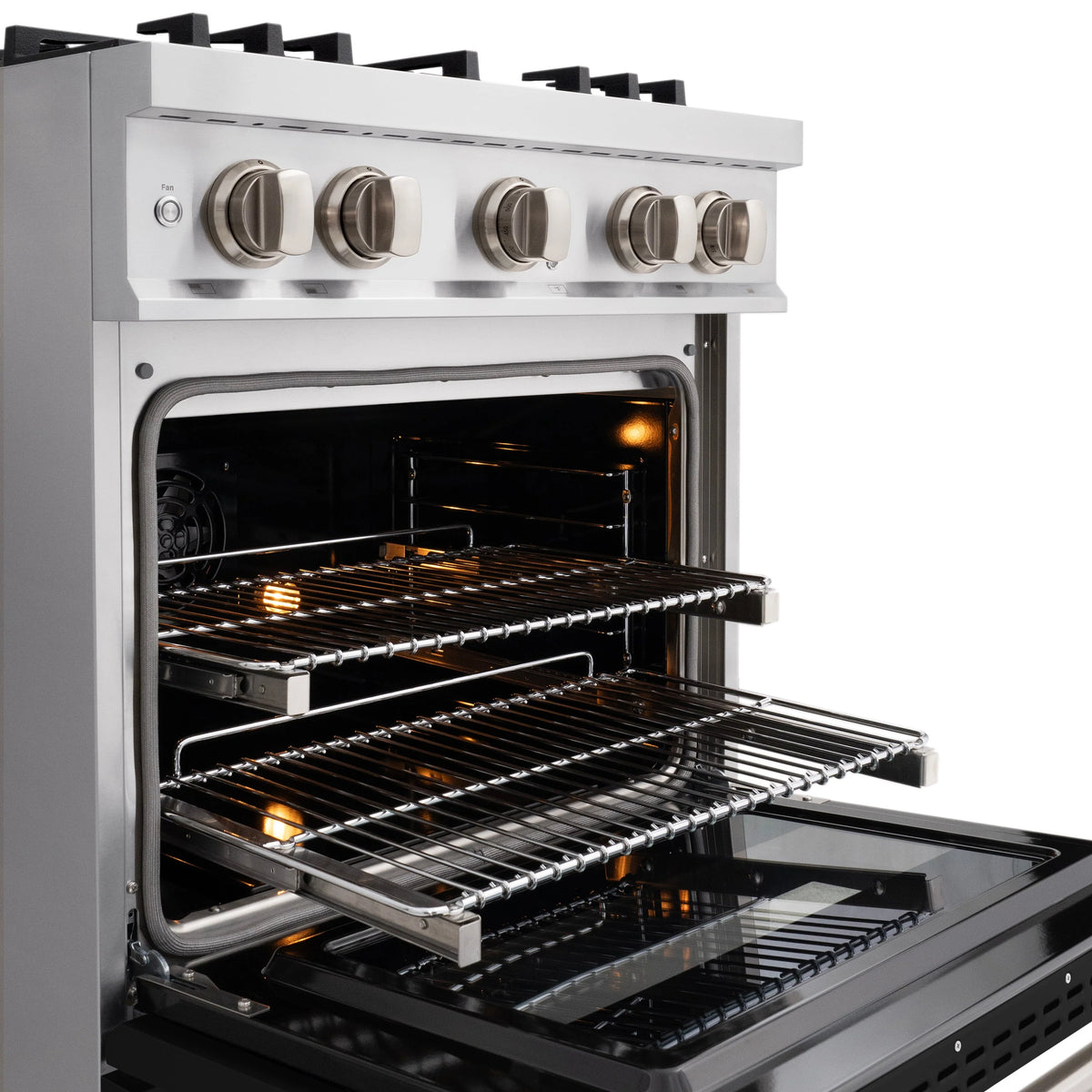 Stainless dual-fuel range with oven door open and convection rack inside
