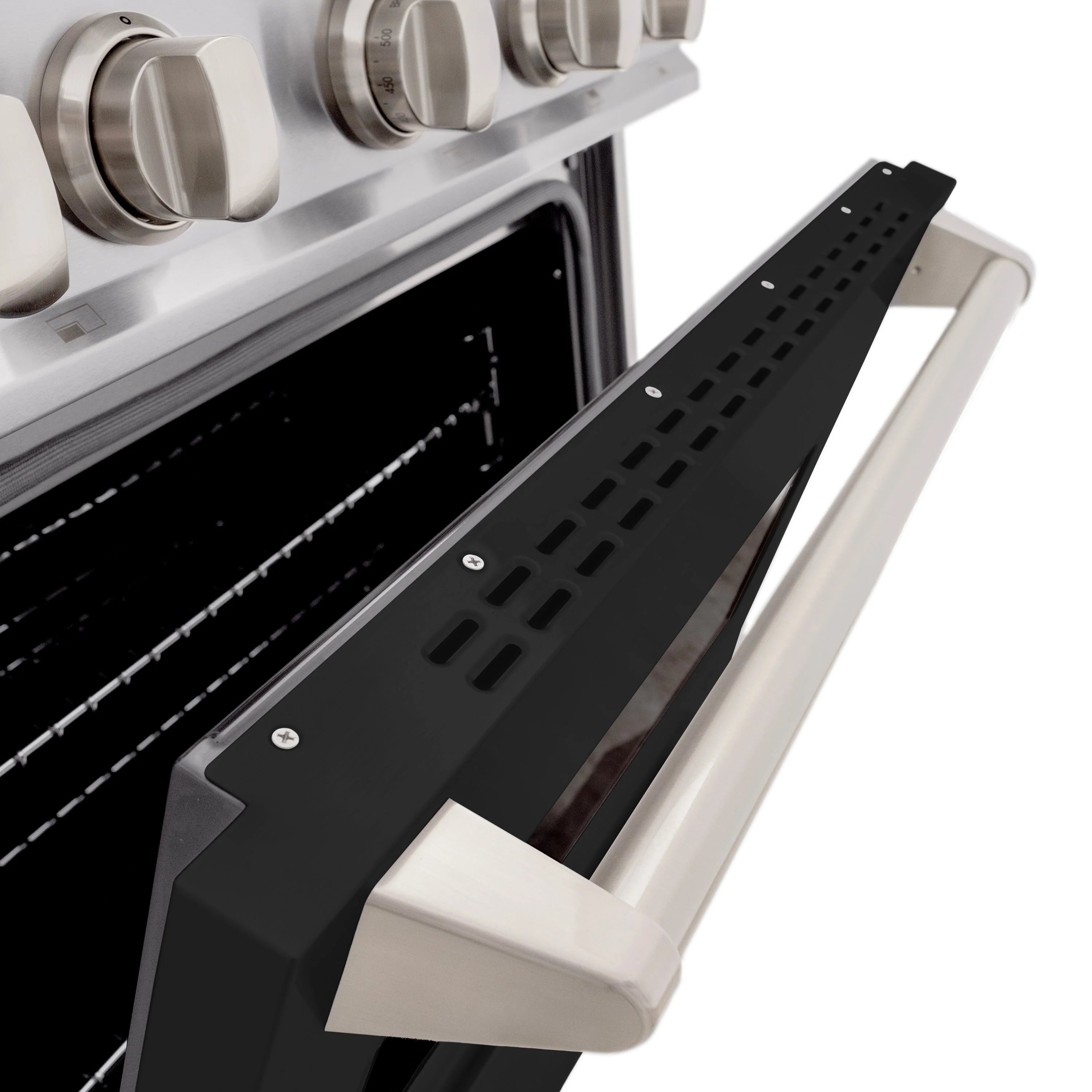 Stainless dual-fuel range oven door with black matte panel and angled handle detail