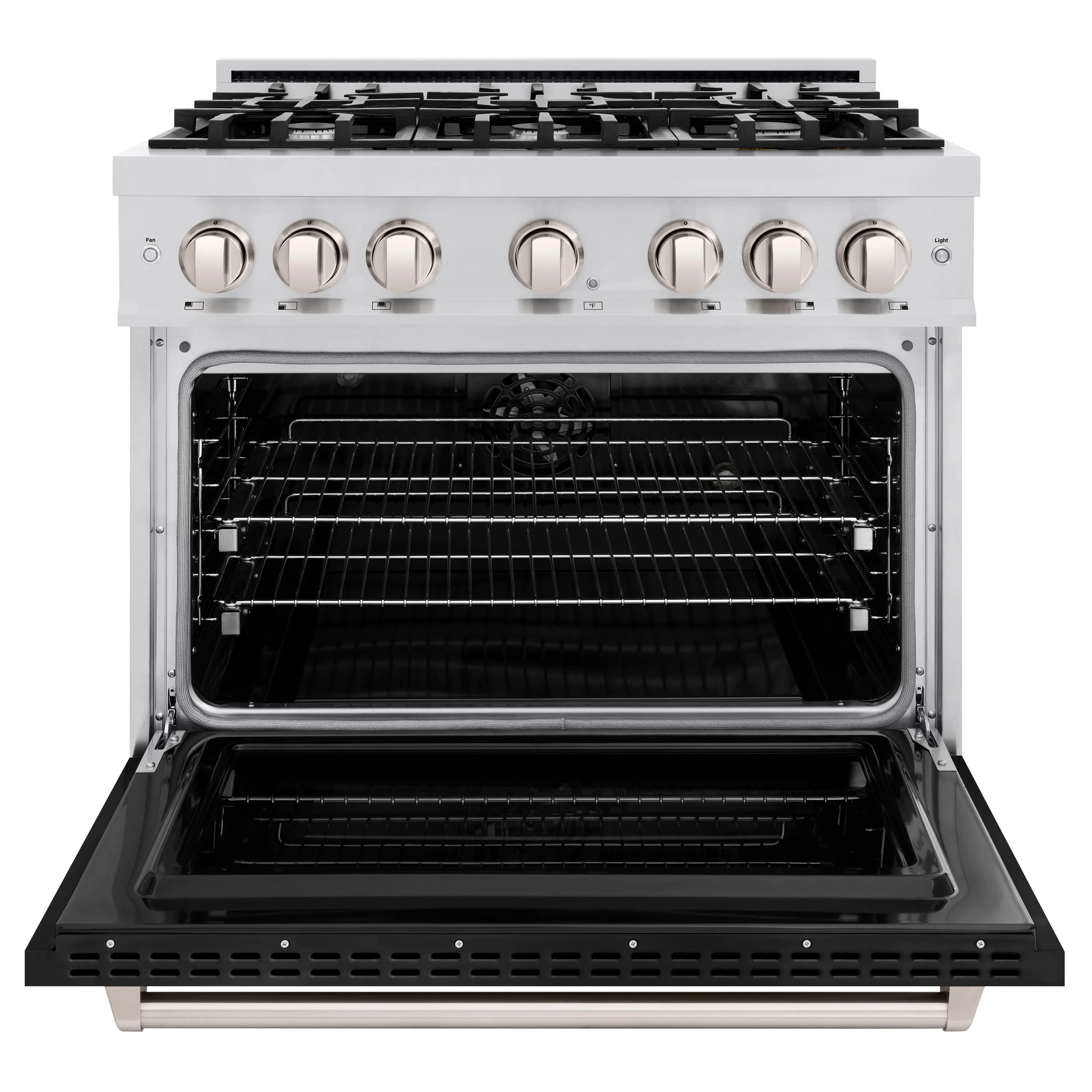 Stainless dual fuel range with six-burner cooktop and open electric convection oven