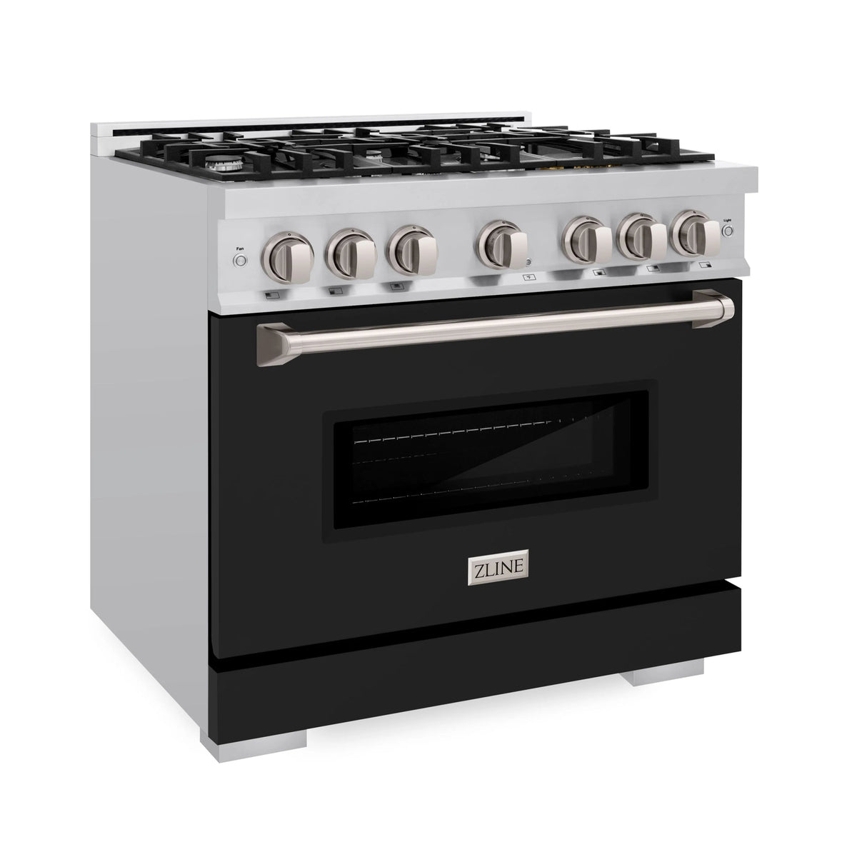 Dual fuel range with six-burner cooktop, stainless knobs, and black oven door window
