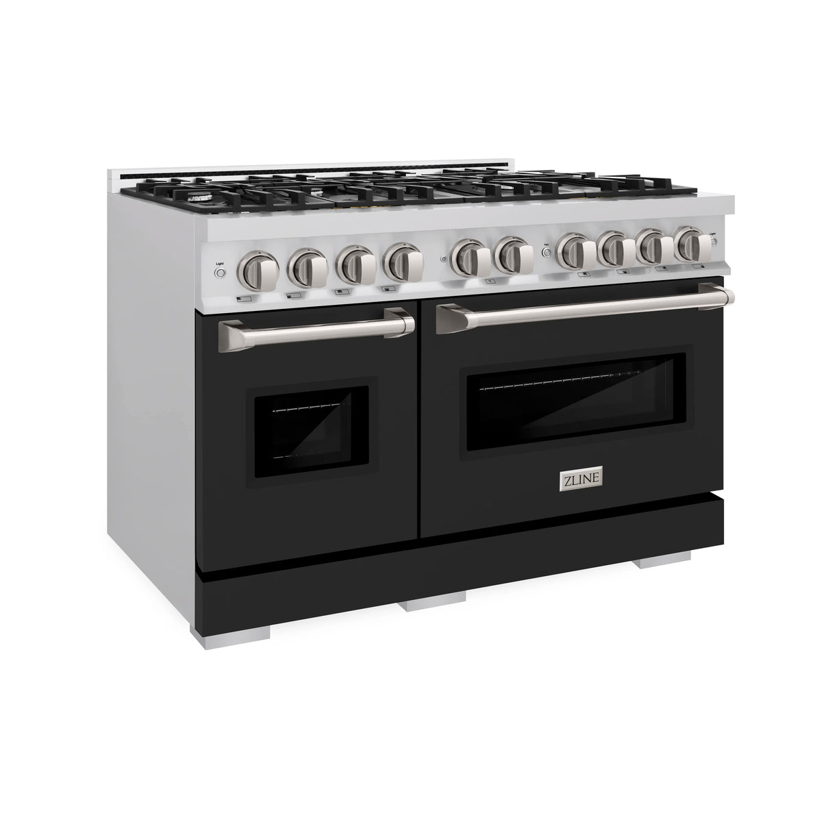 Dual fuel range angled front view with burner grates, knobs, and black oven doors