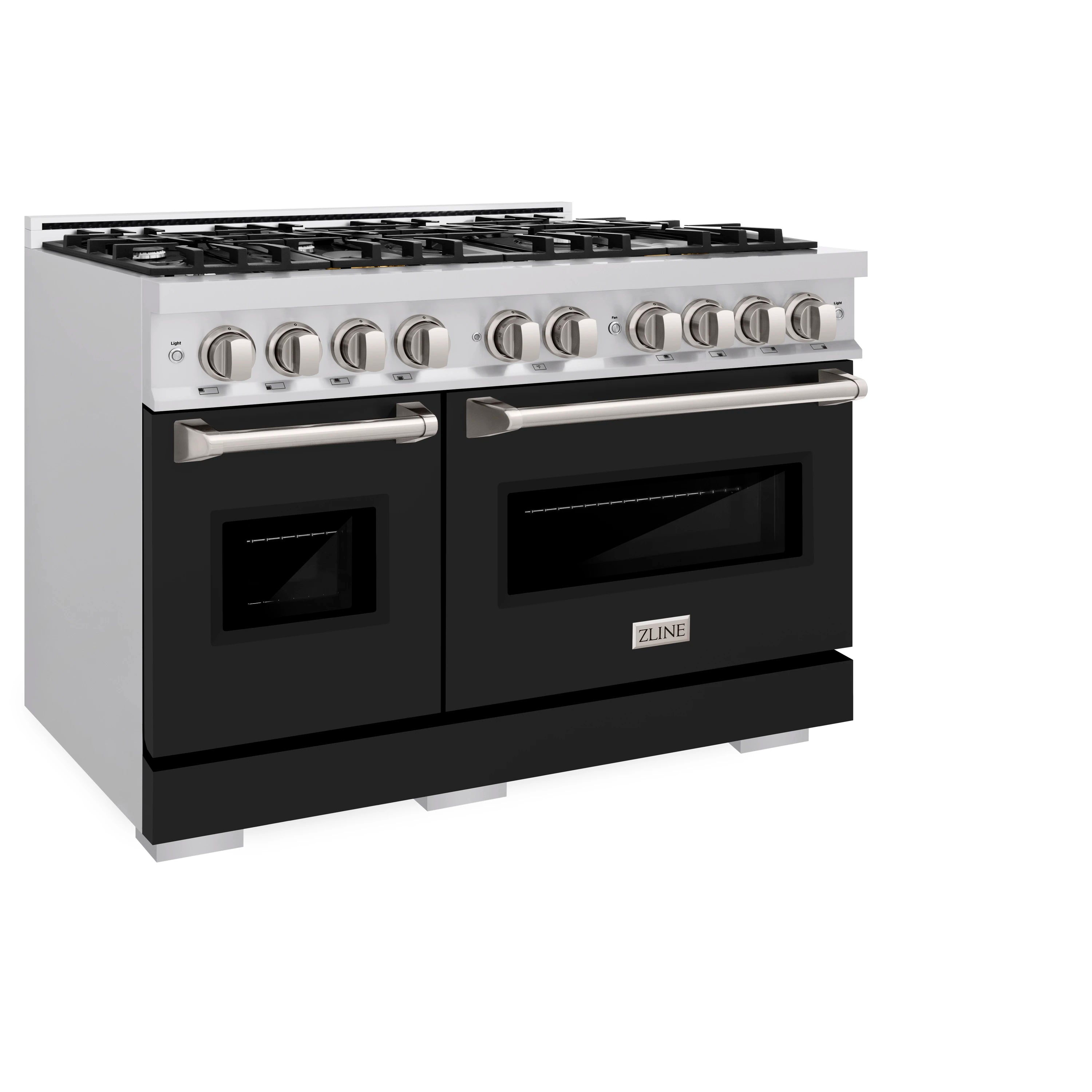 Dual fuel range angled front view with stainless top, control knobs, and black doors