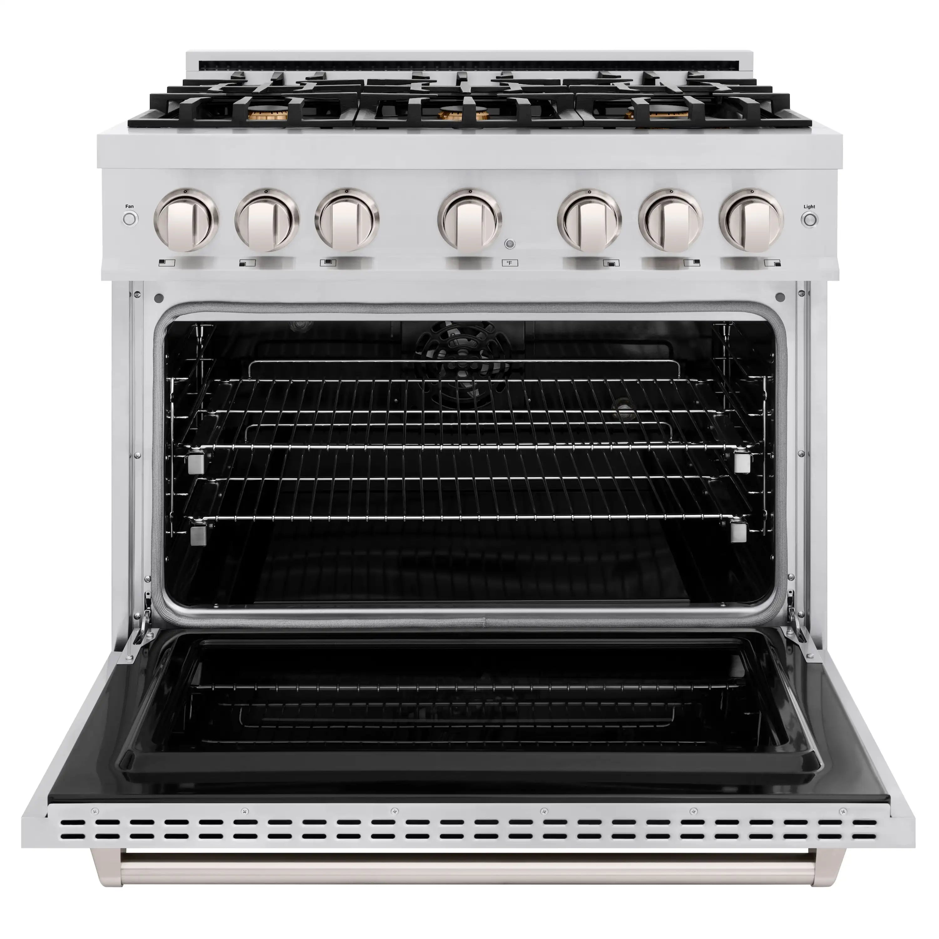 Stainless steel range with oven door open showing convection fan and racks