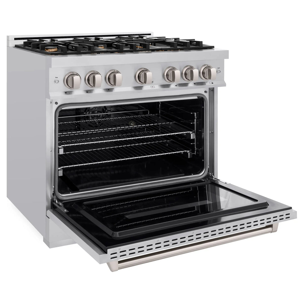 Stainless steel range with oven door open and visible oven racks