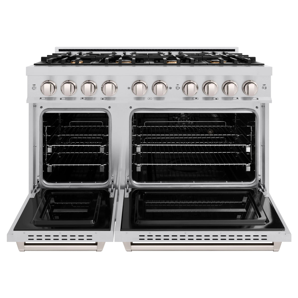 Open stainless dual oven with two empty cavities and wire racks visible
