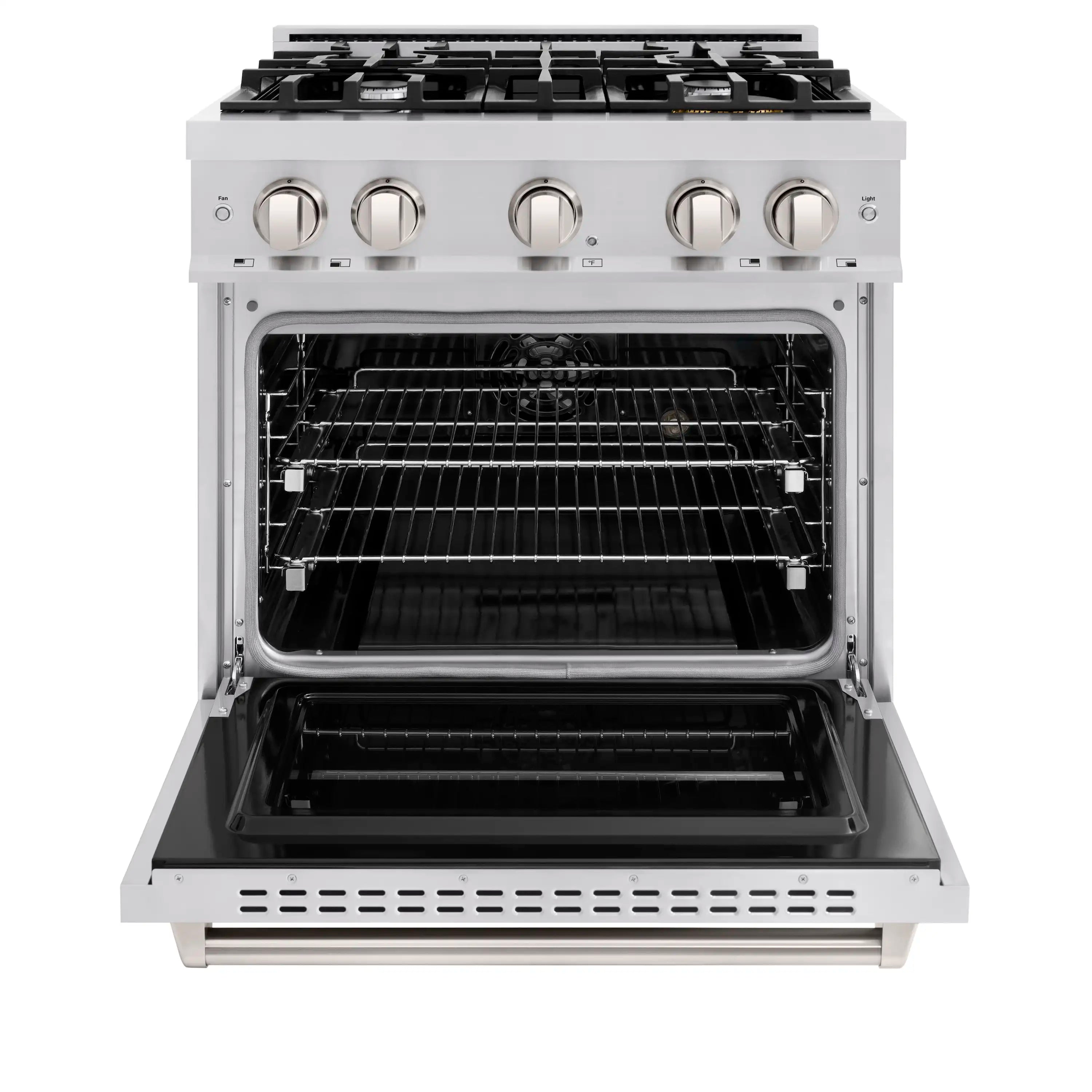 Stainless steel dual fuel range oven with open door and black enamel interior