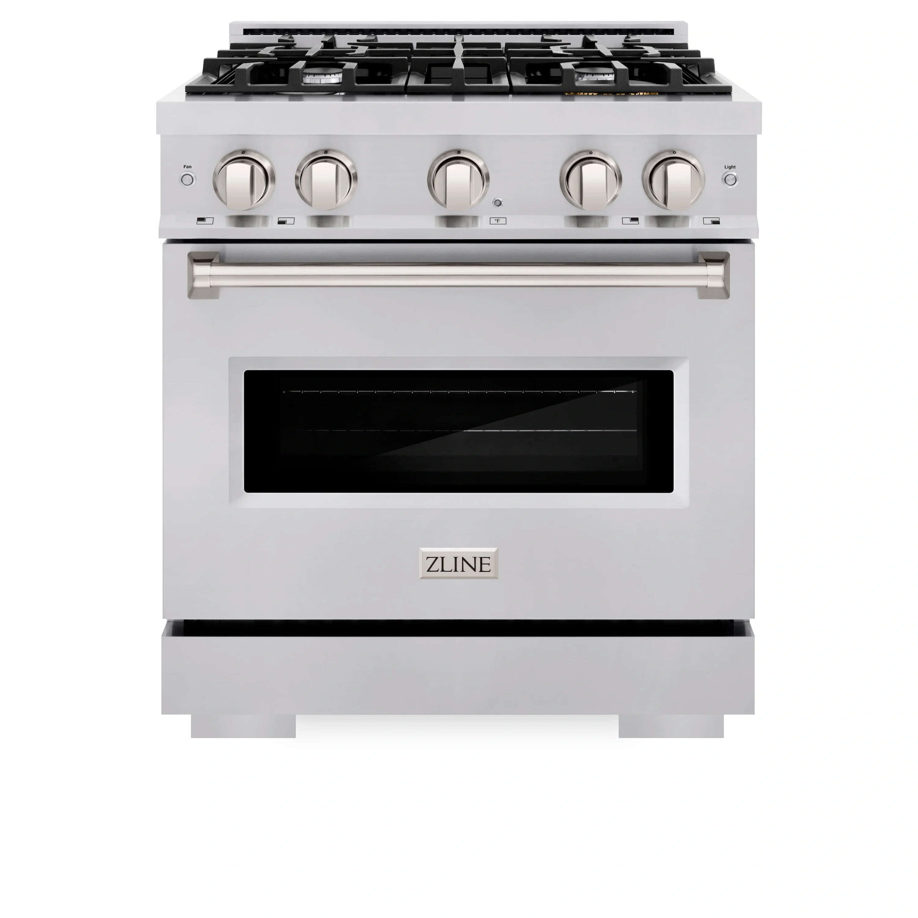Stainless steel dual fuel range with control knobs and black glass oven door