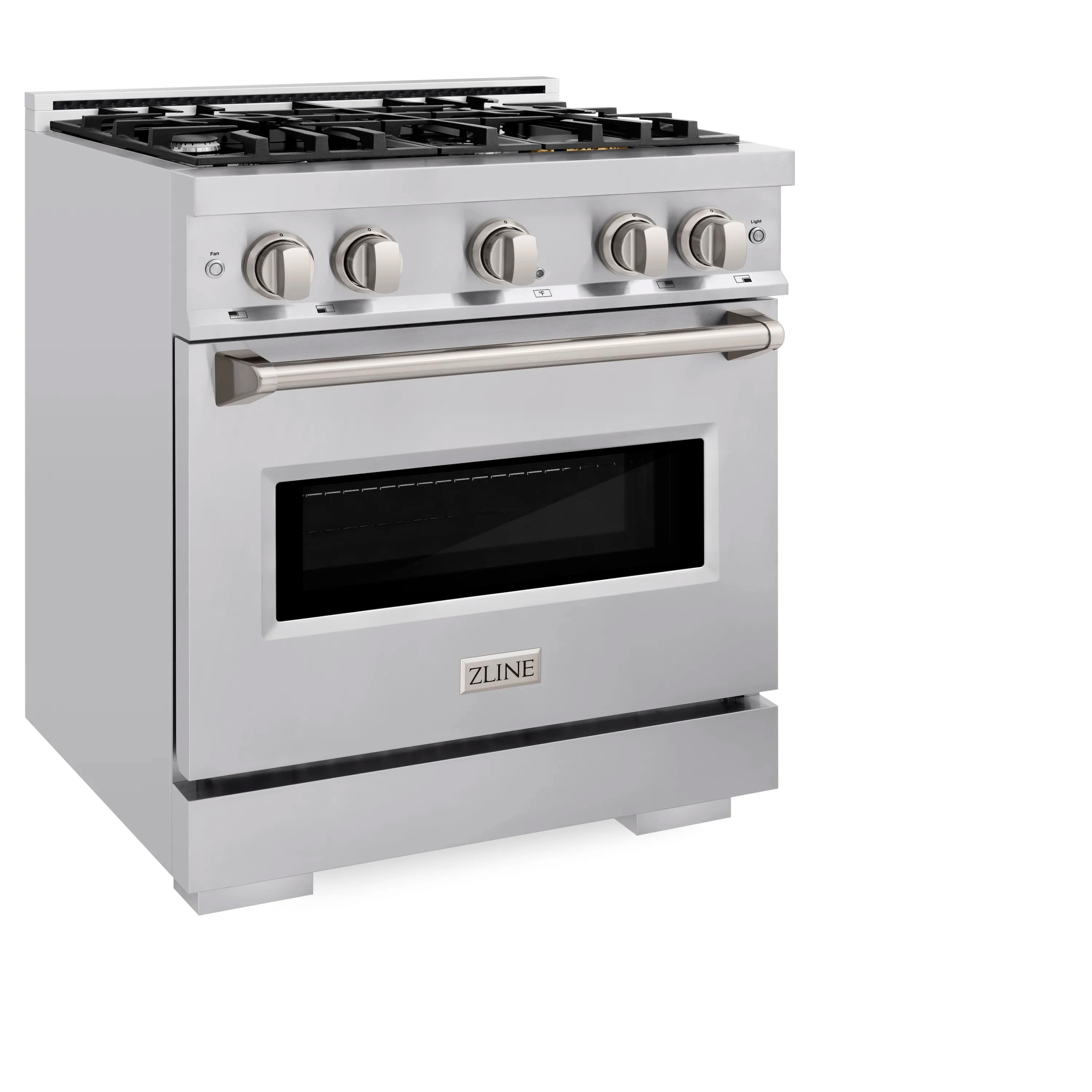 Stainless steel dual fuel range with four gas burners and large viewing window oven door