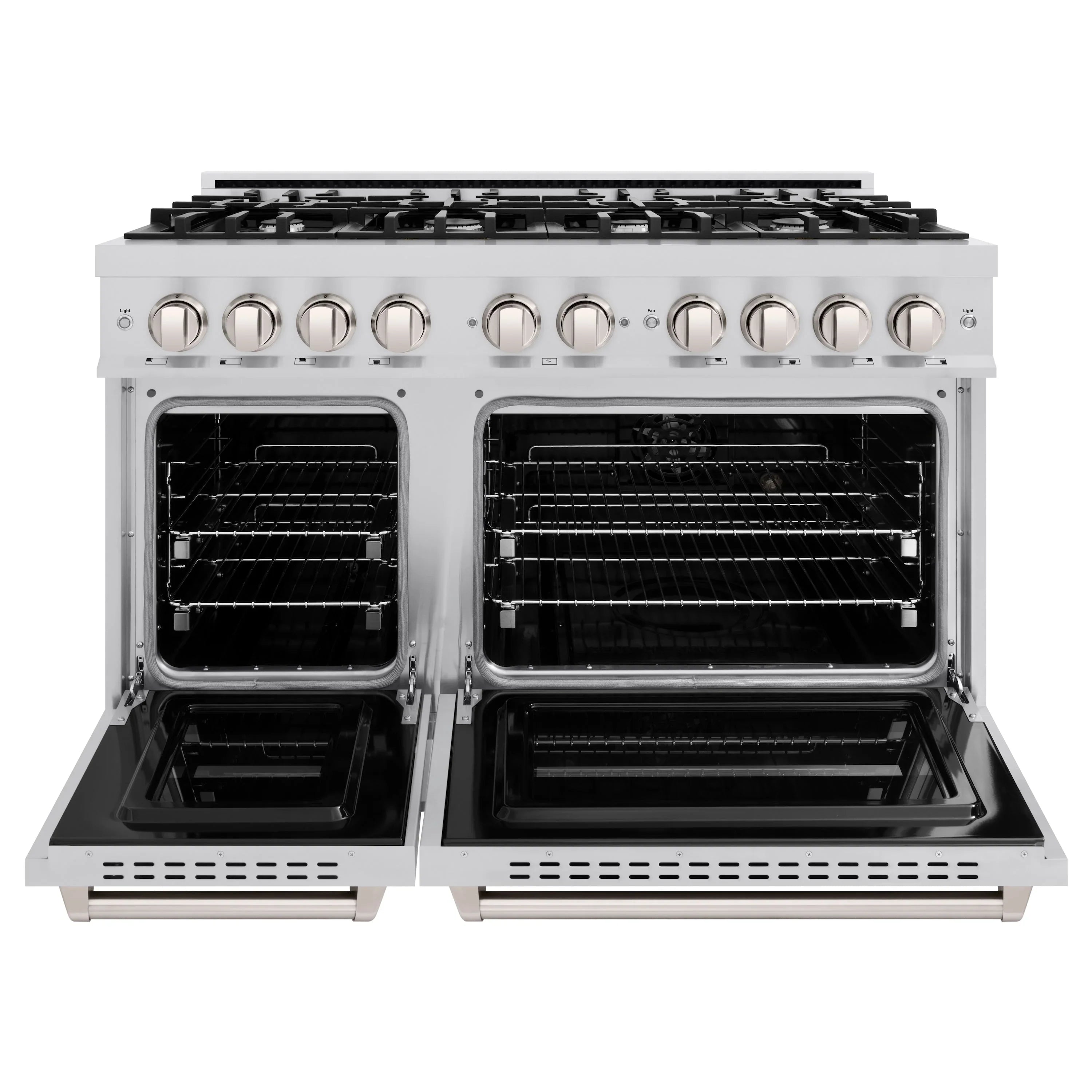 Stainless dual-fuel range with both oven doors open, showing two bake compartments
