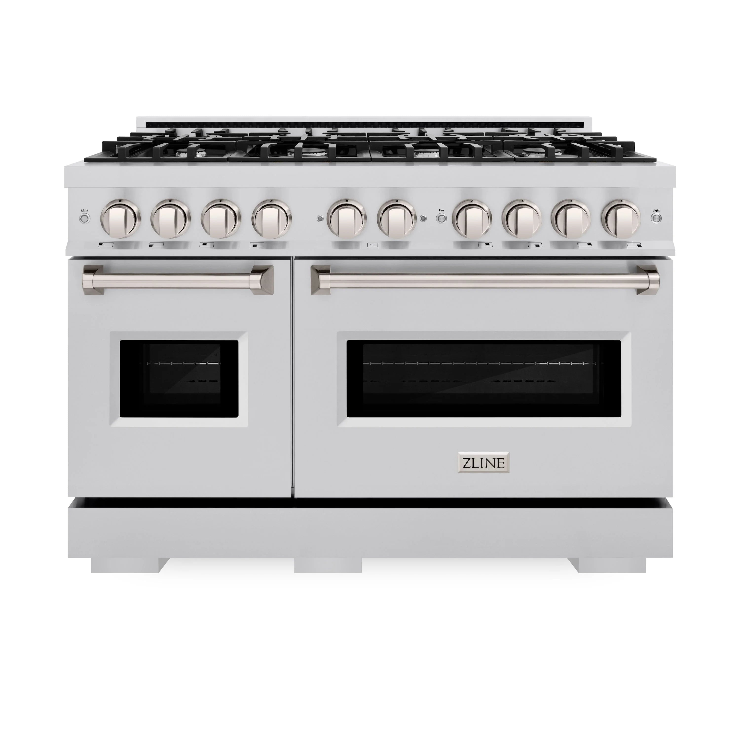 Stainless steel dual-fuel range with two oven windows and control panel