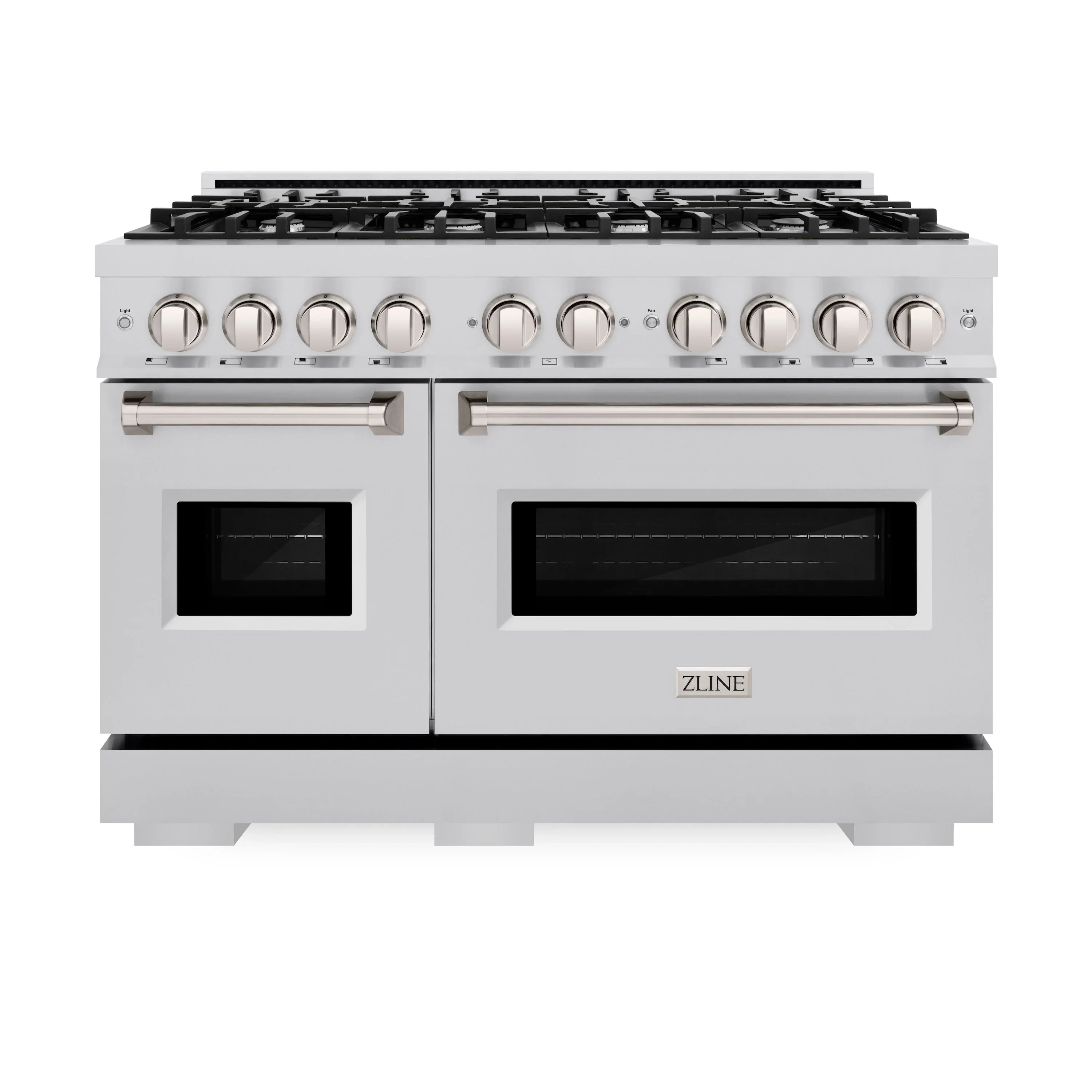 Stainless steel dual fuel range with two oven doors and six burner grates
