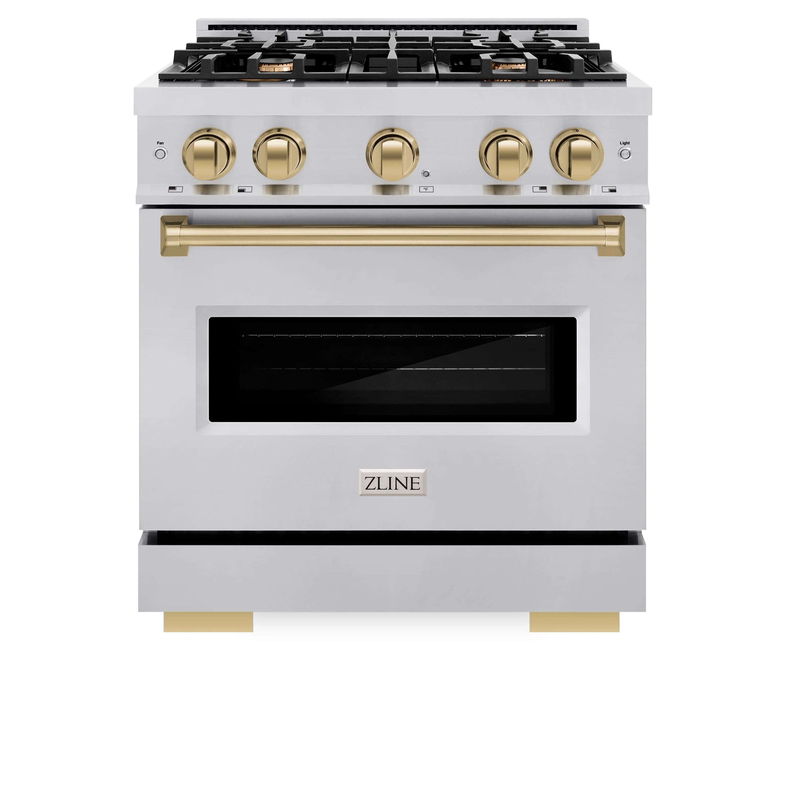 Stainless steel dual fuel range with black oven window and champagne-bronze door handle