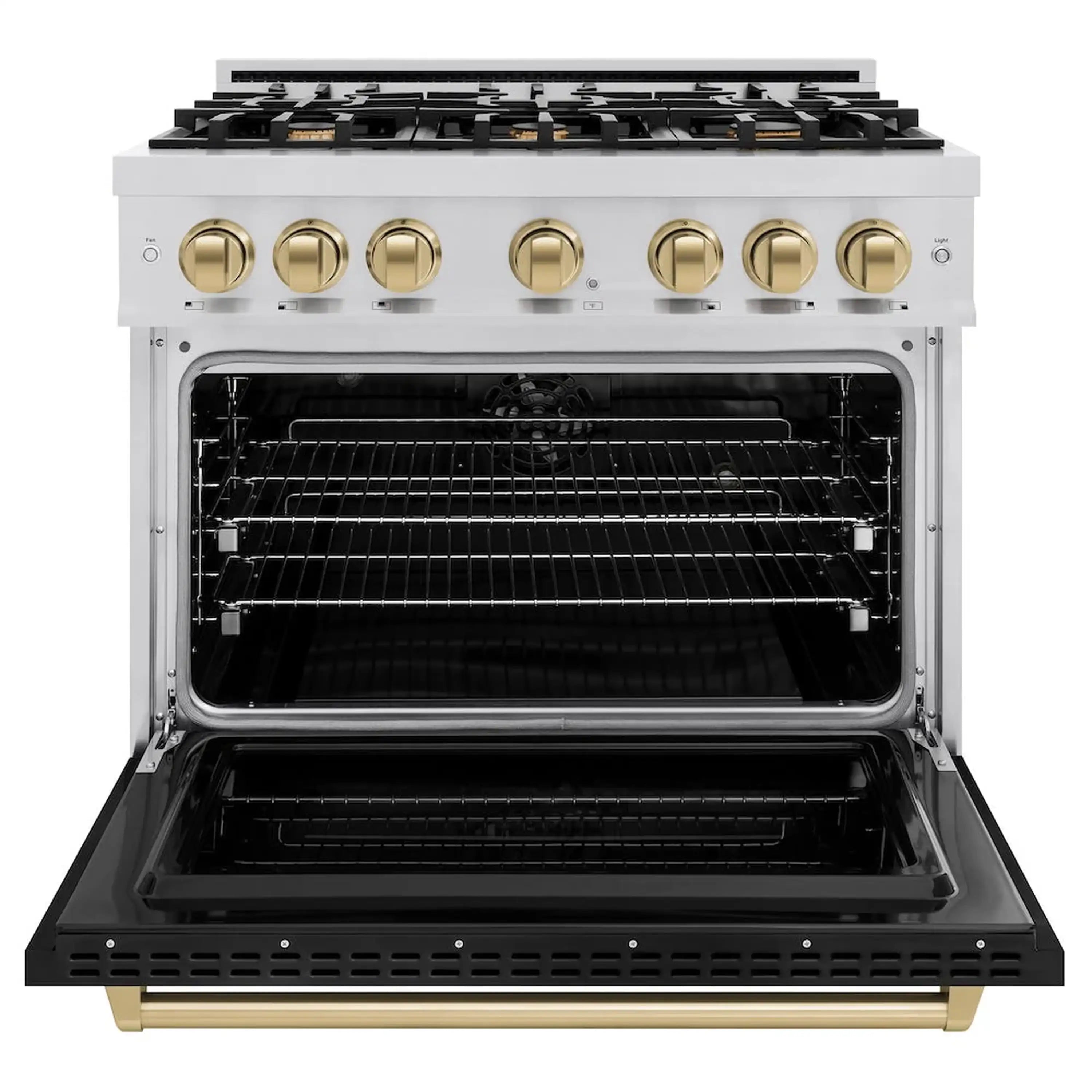 Stainless dual fuel range with open black oven door, gold knobs, and gas cooktop burners