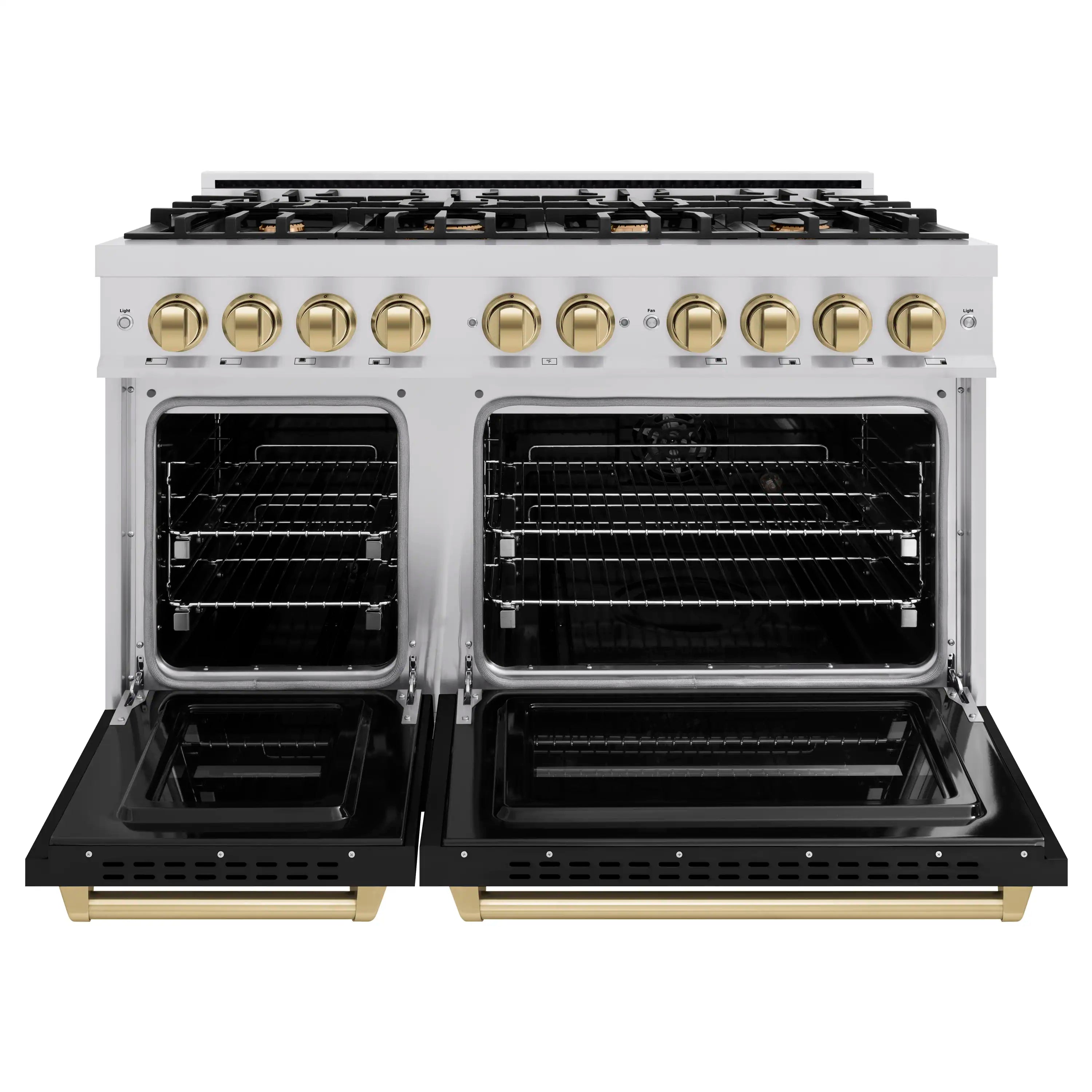 Dual fuel range with oven doors open, showing two dark oven interiors and bronze handles
