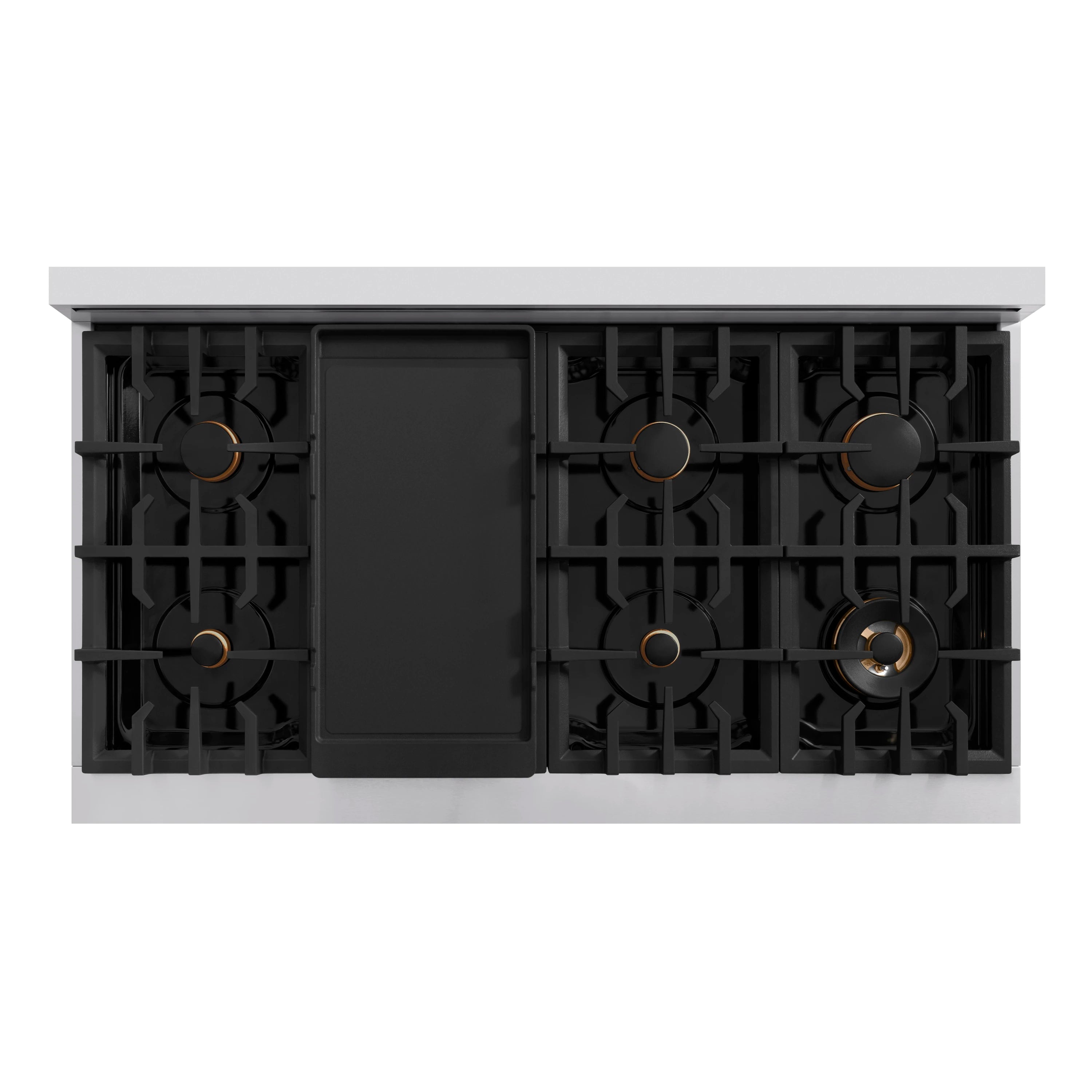 Stainless dual-fuel range cooktop with black grates, gas burners, and bronze accents