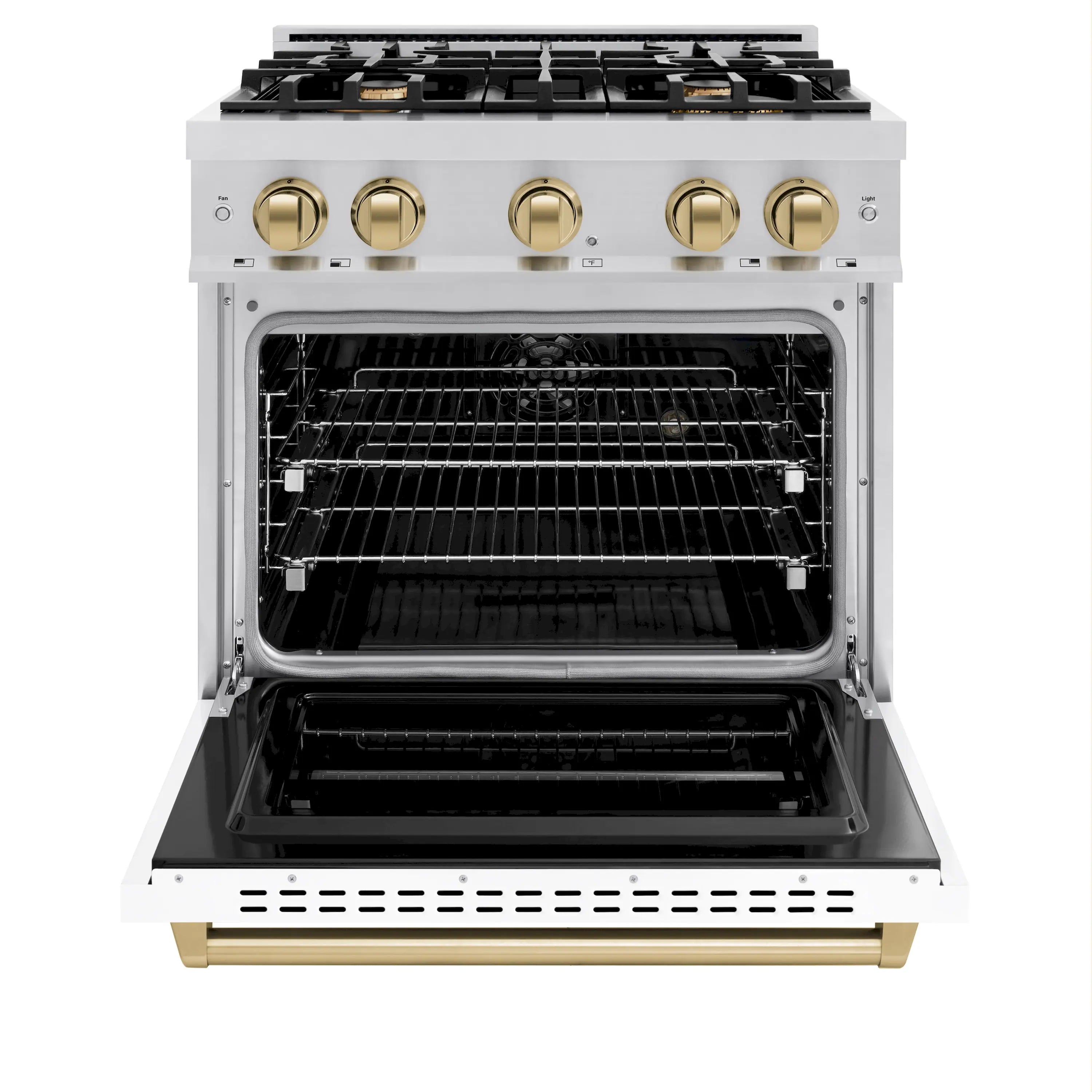 Dual fuel range with oven door open showing racks and interior heating elements