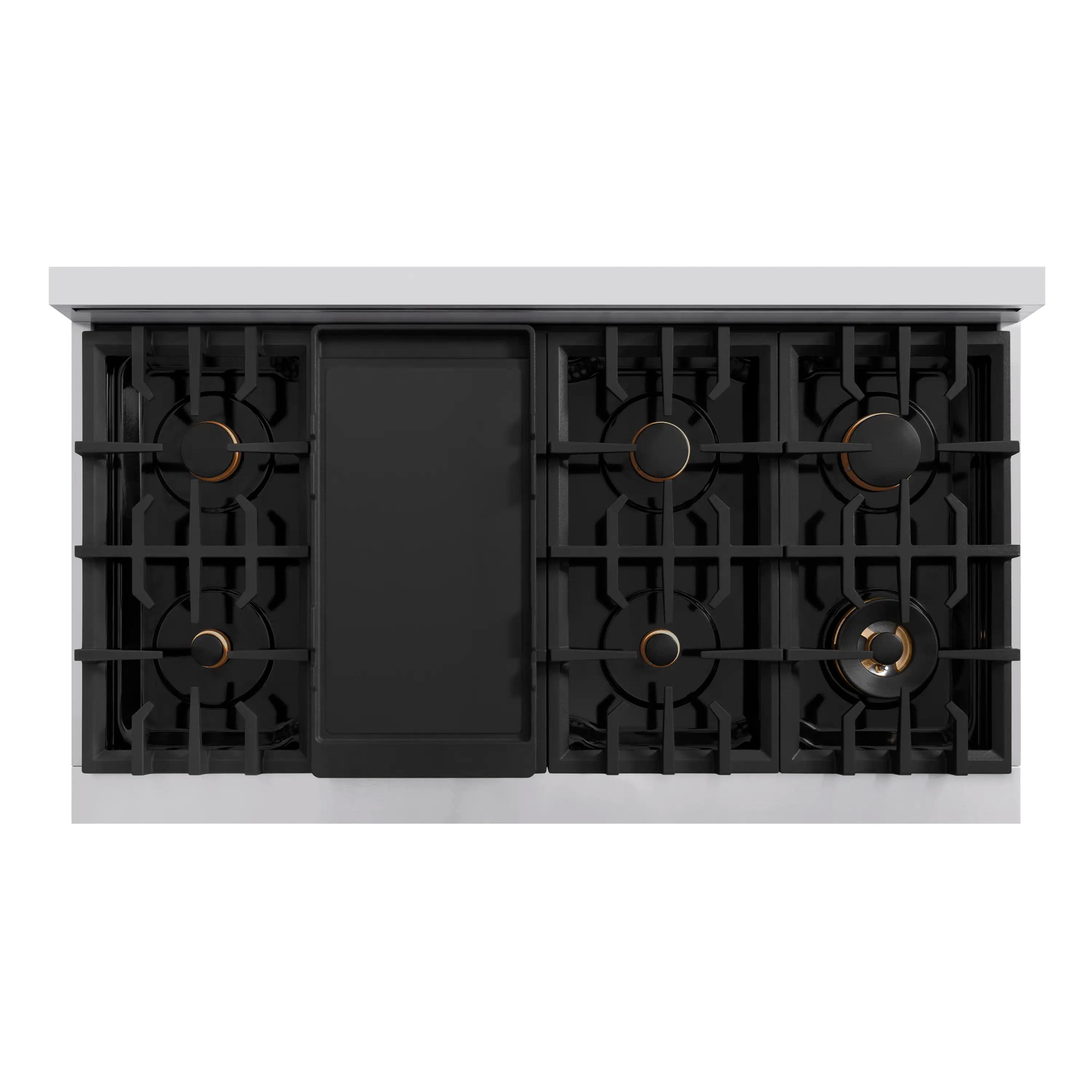 Gas cooktop burner grates with four burners and a centered black panel on the range