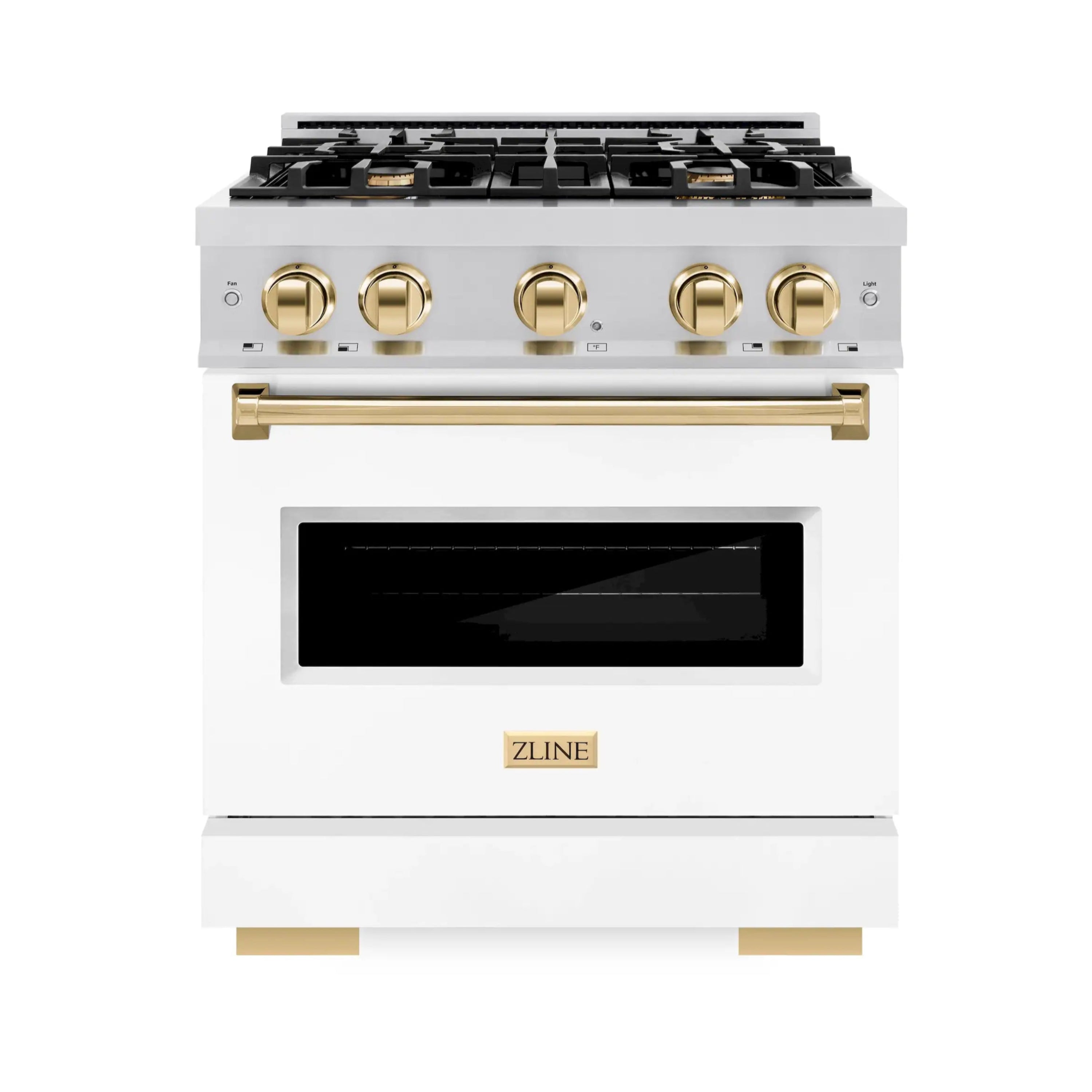 White dual-fuel range with polished gold knobs and black oven door window