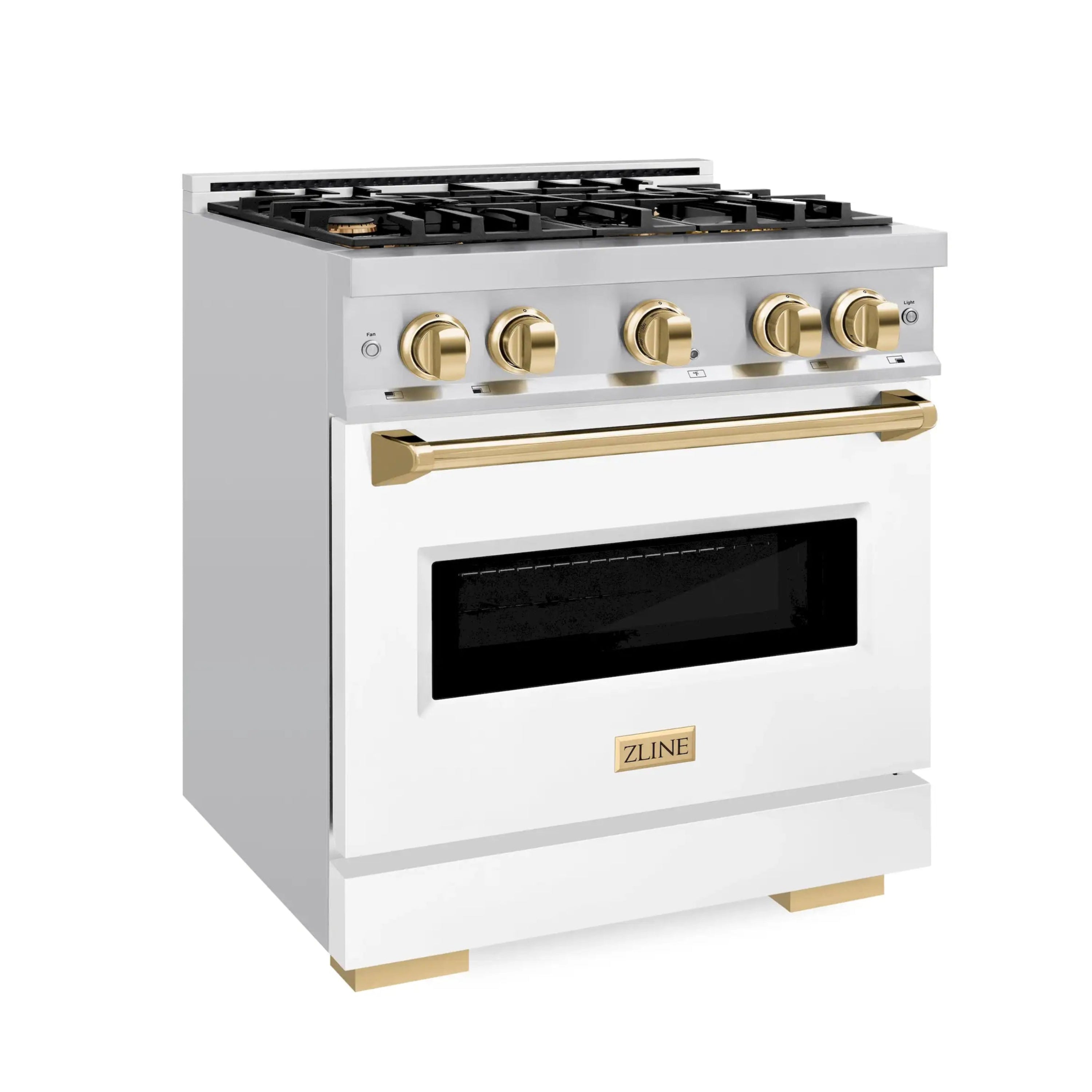 White dual-fuel range with polished gold control knobs and black oven door window