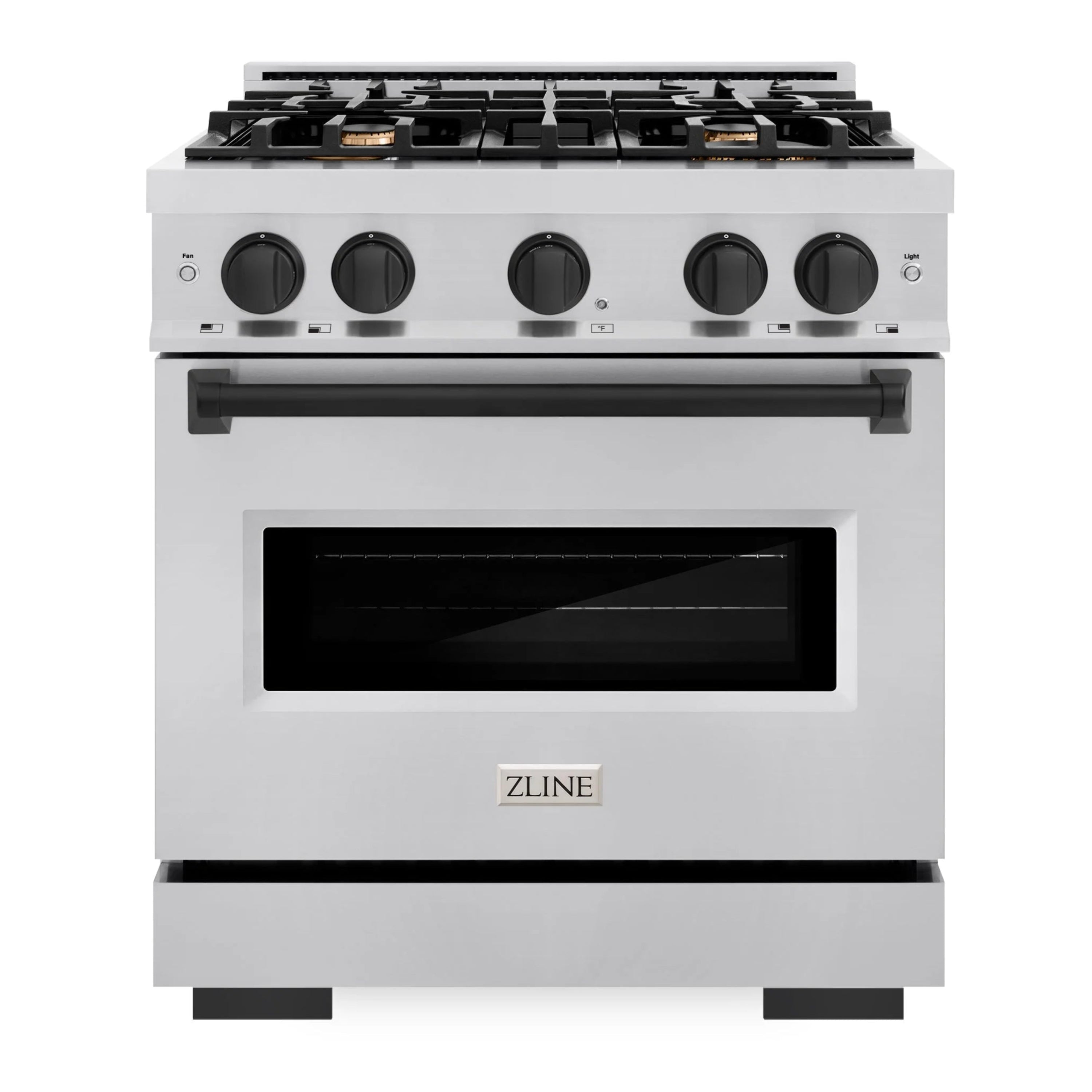 Stainless steel dual fuel range with black oven window and front control knobs