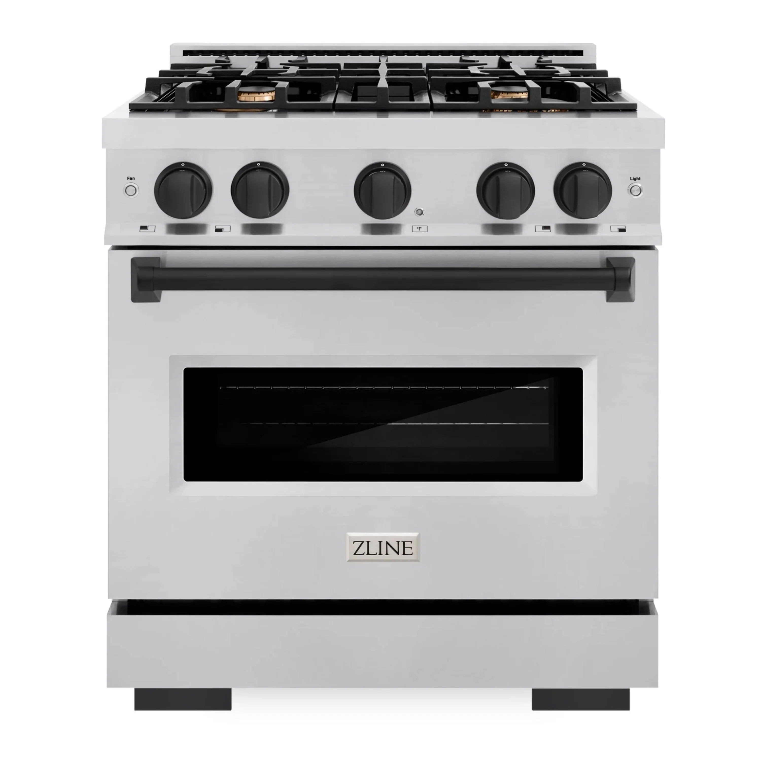 Stainless steel dual fuel range with black control knobs and oven door window