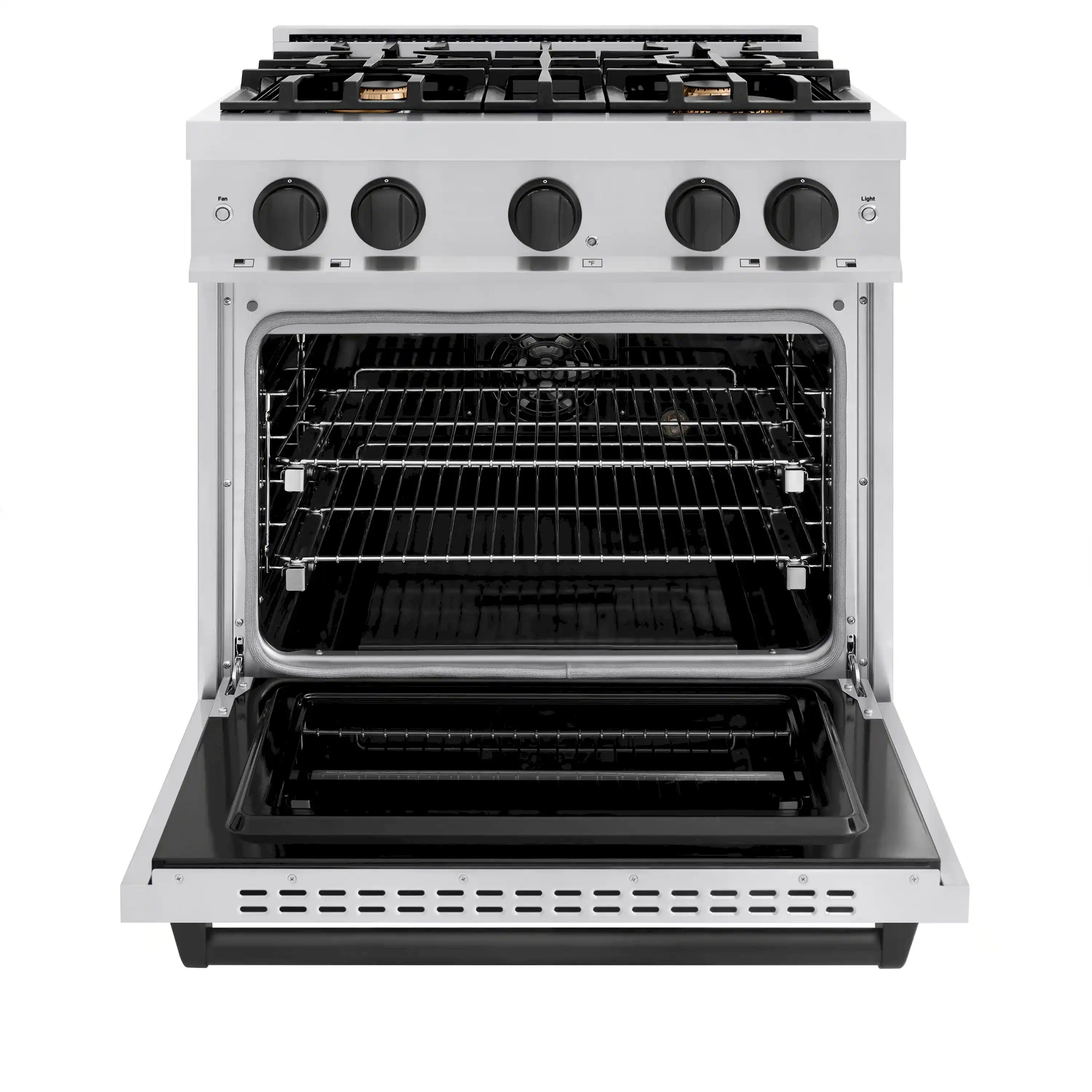 Open convection oven with racks and four gas burner grates on top