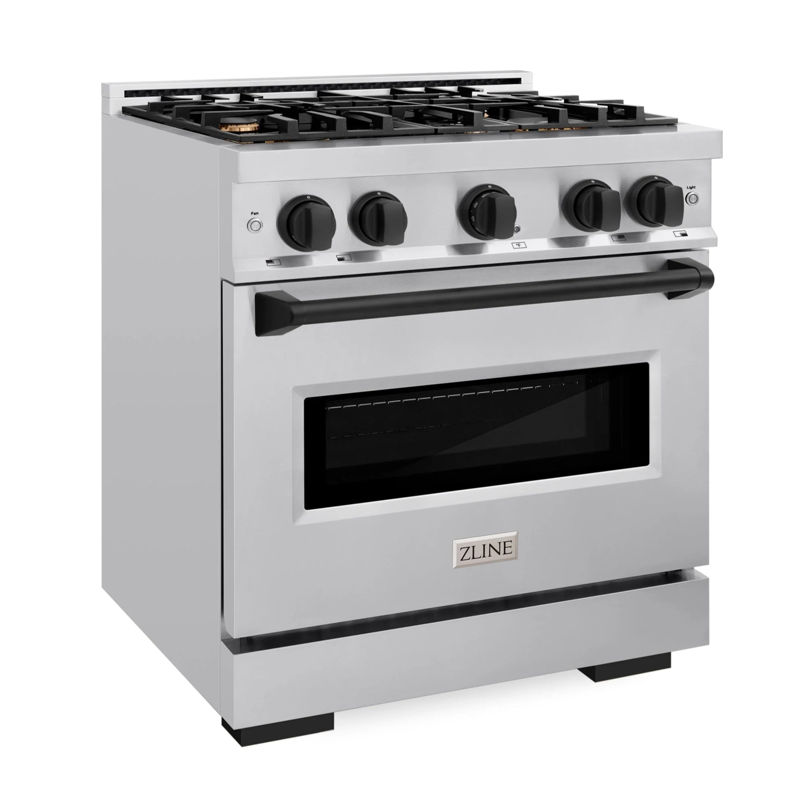 Stainless steel dual fuel range with four gas burners, convection oven, matte black knobs