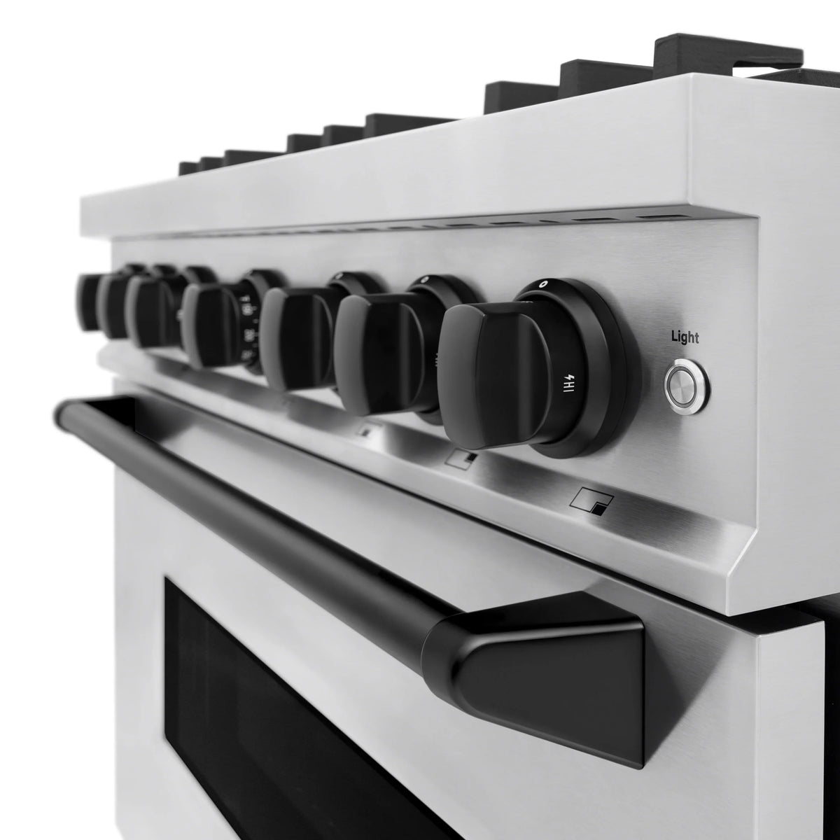 Stainless steel range with side control panel, black knobs, and oven handle