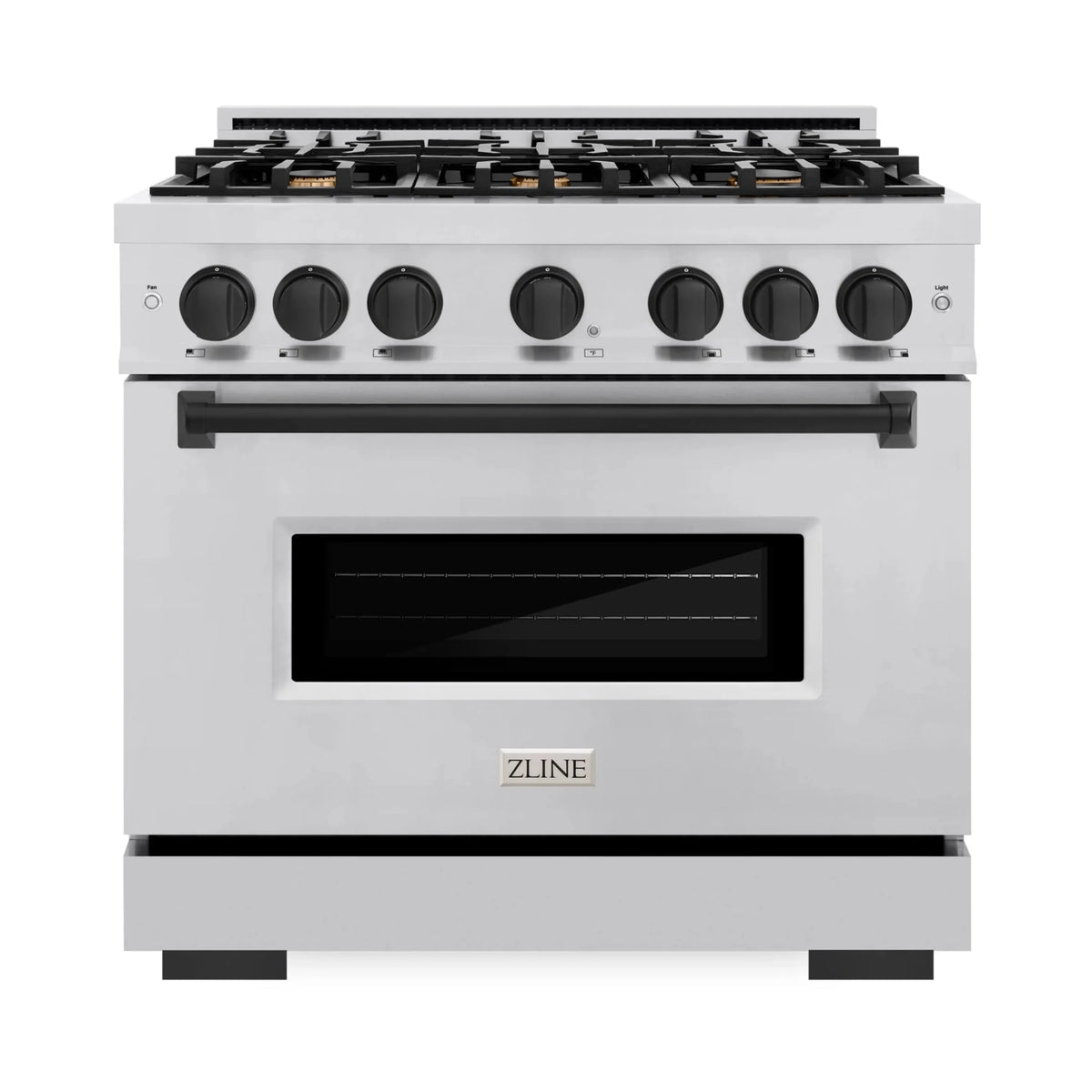 Stainless steel dual-fuel range with black control knobs and glass oven door