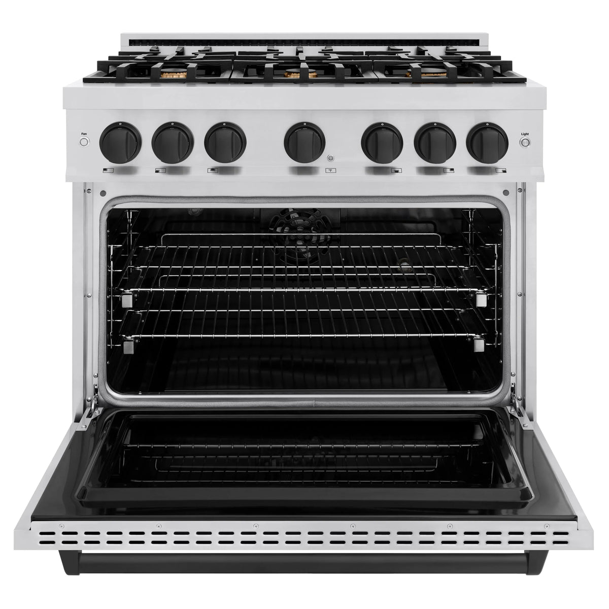 Stainless steel dual fuel range with open oven door and visible oven racks inside