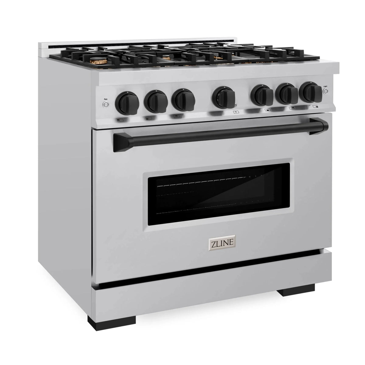 Stainless steel dual fuel range with black knobs and open oven door showing dark window