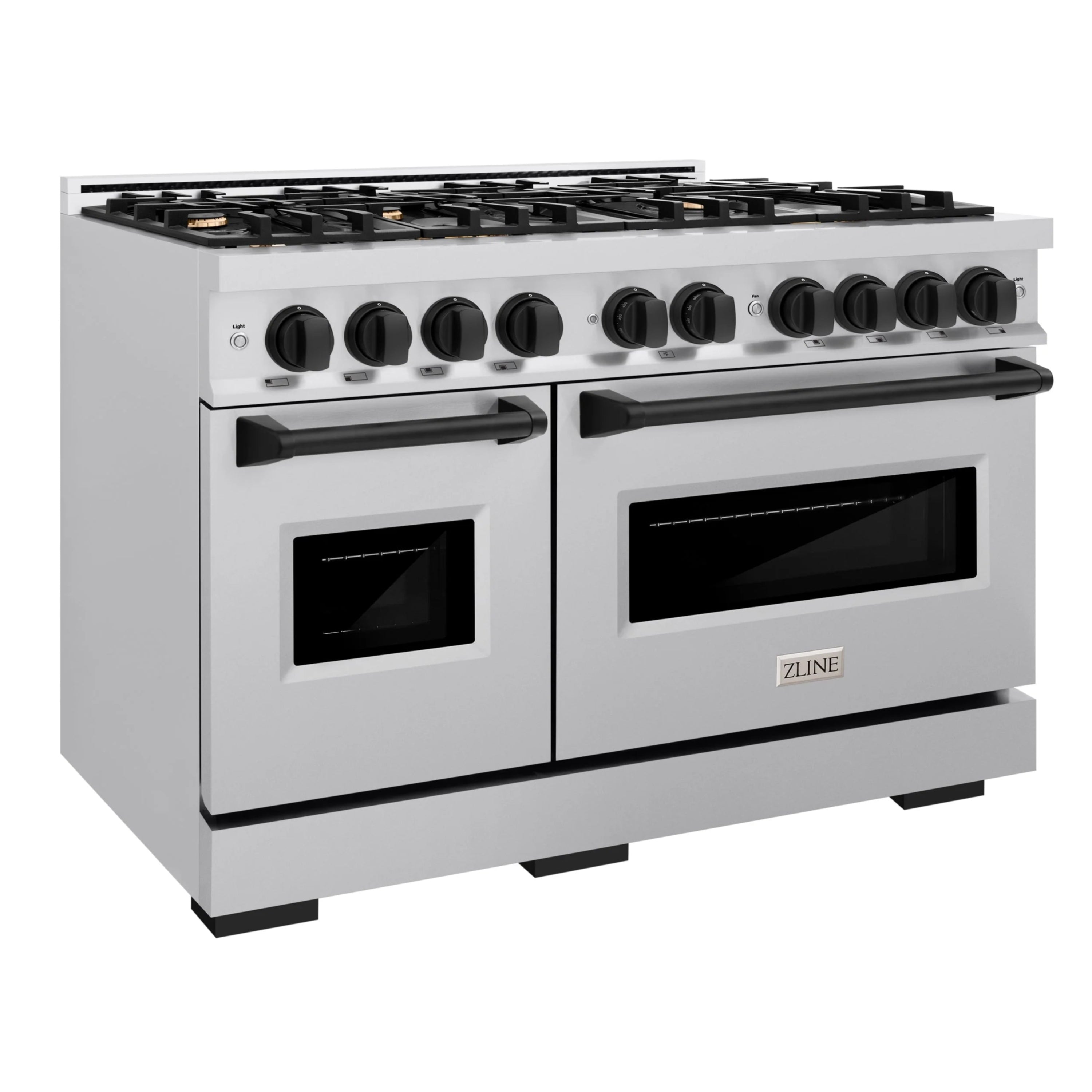Stainless dual fuel range front with control knobs and two oven windows