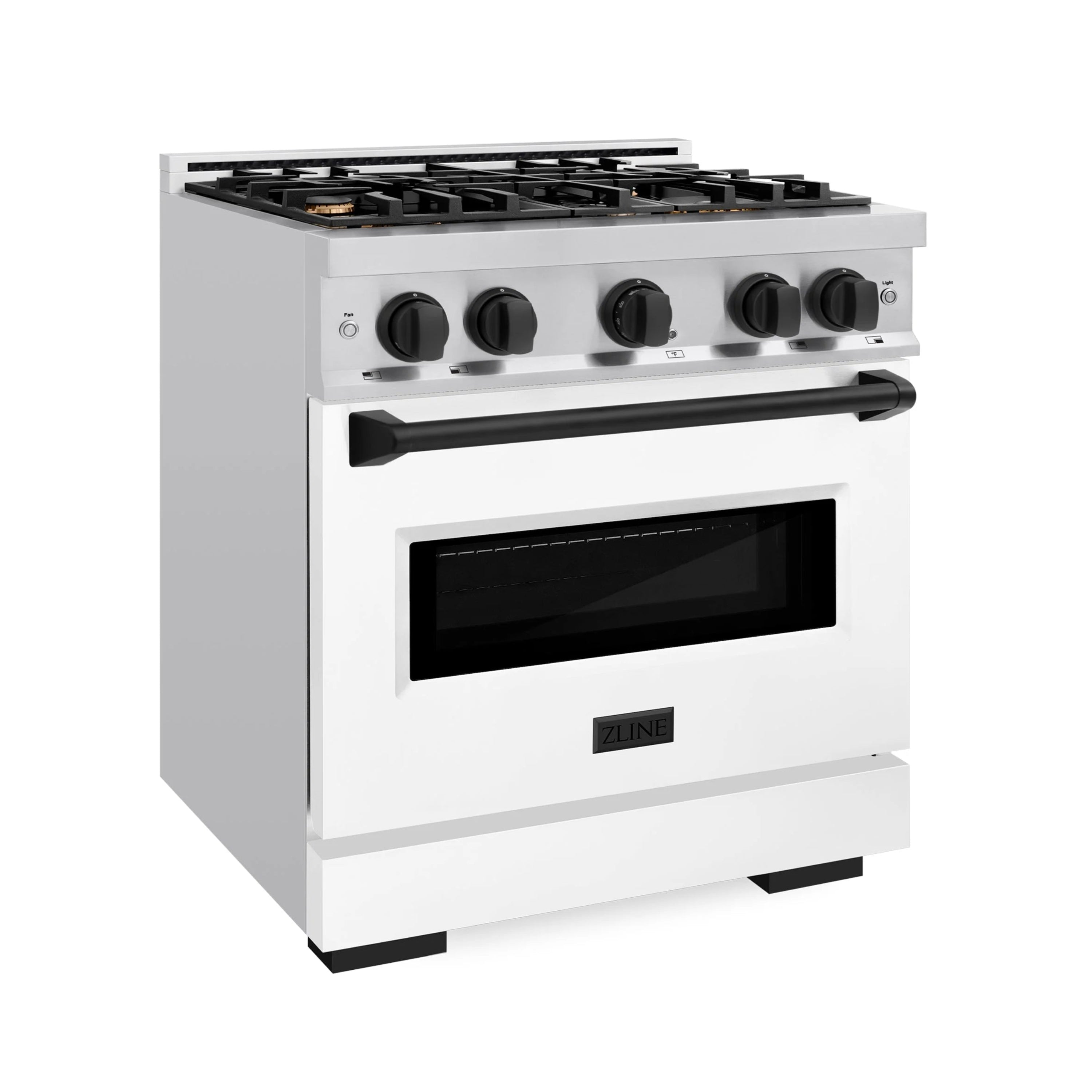 Stainless steel dual fuel range front view with cooktop, knobs, and closed oven door