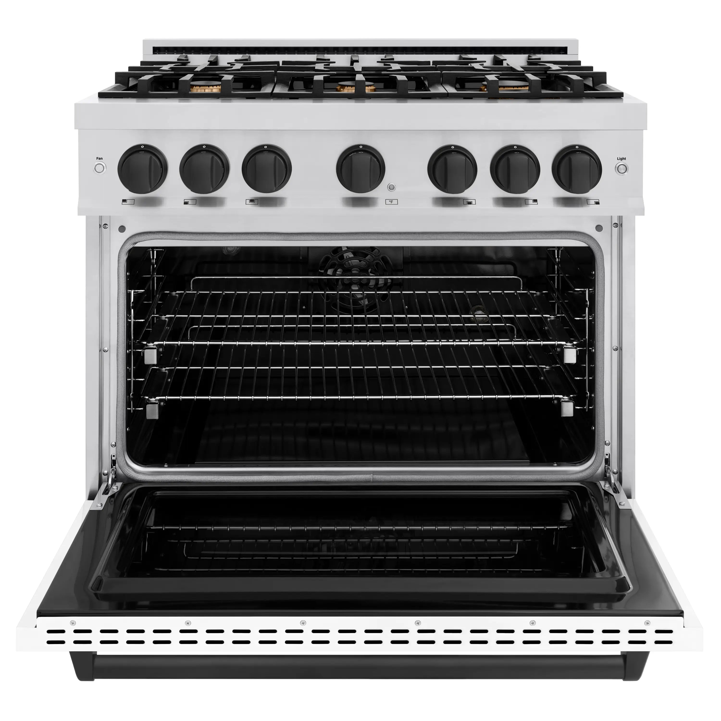 Dual-fuel range with oven door open, showing wire racks and convection fan
