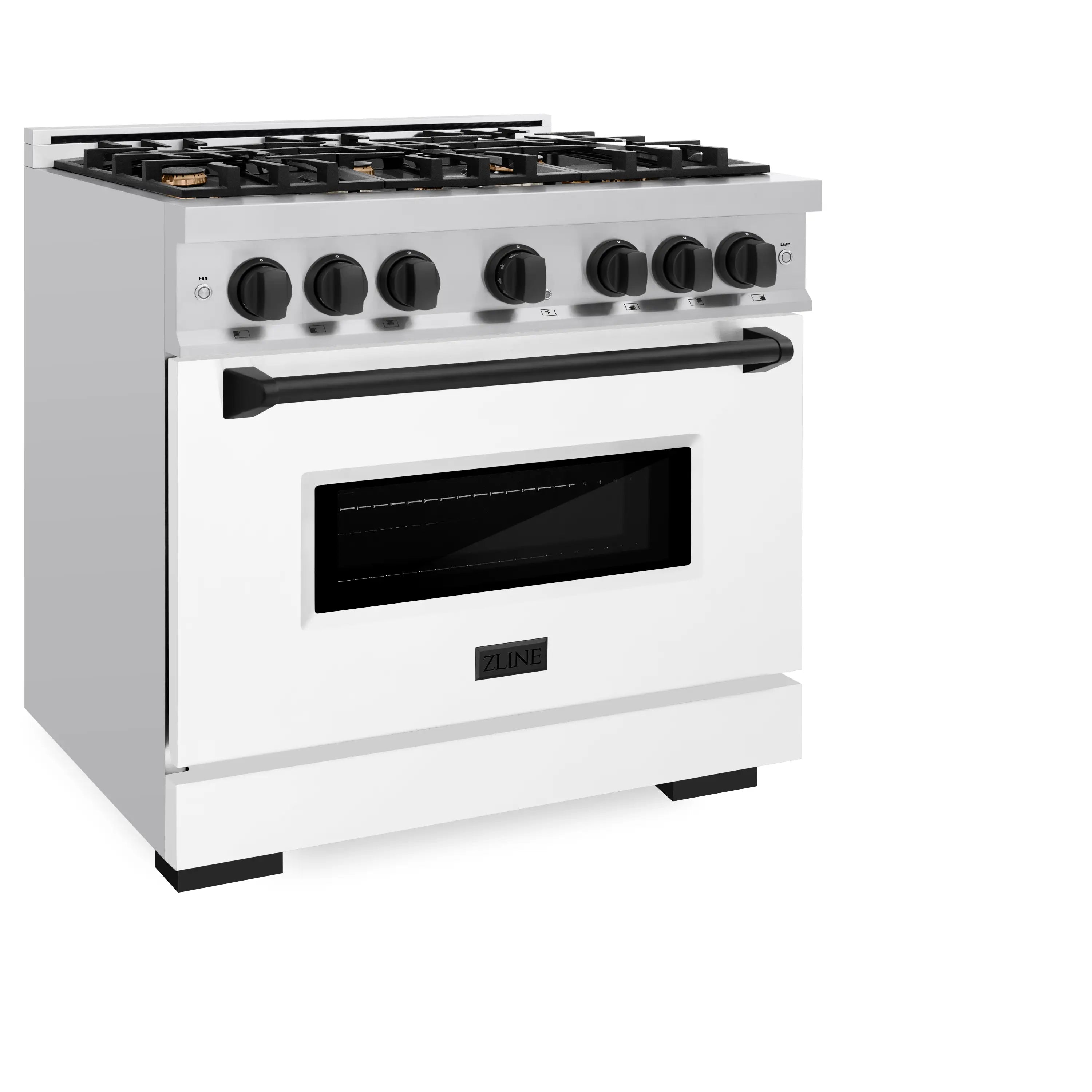 White matte dual-fuel range side view with black oven door window and knobs
