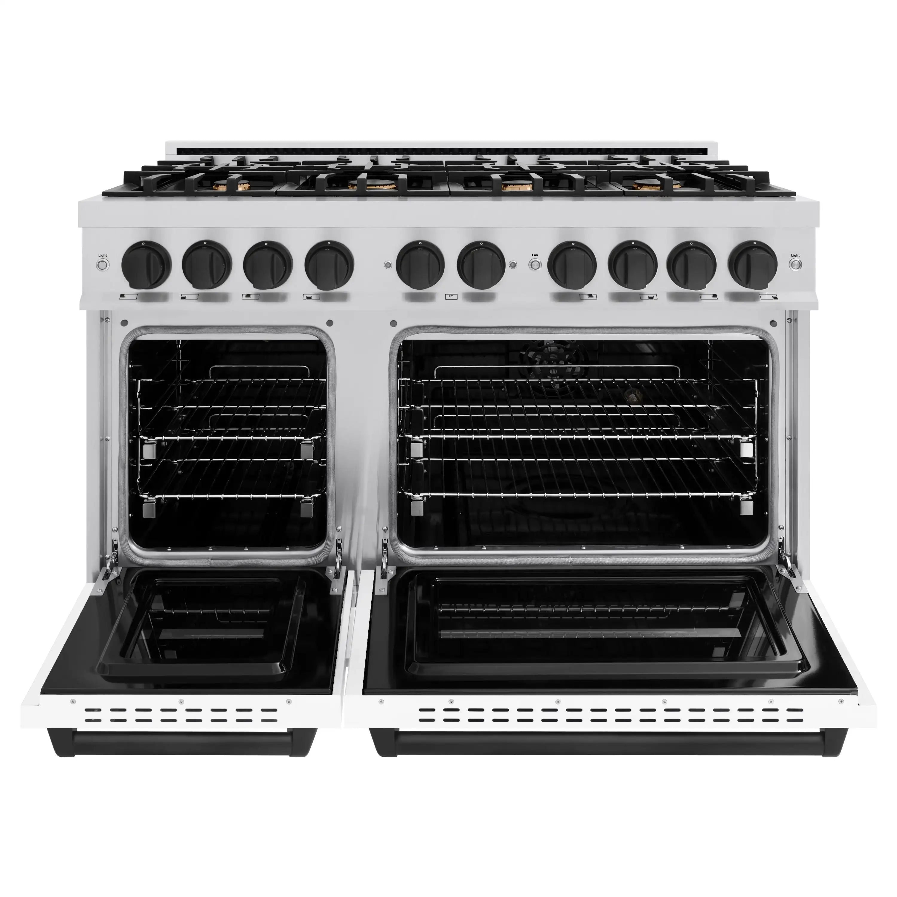 Stainless and white dual fuel range with open ovens and black gas burner grates