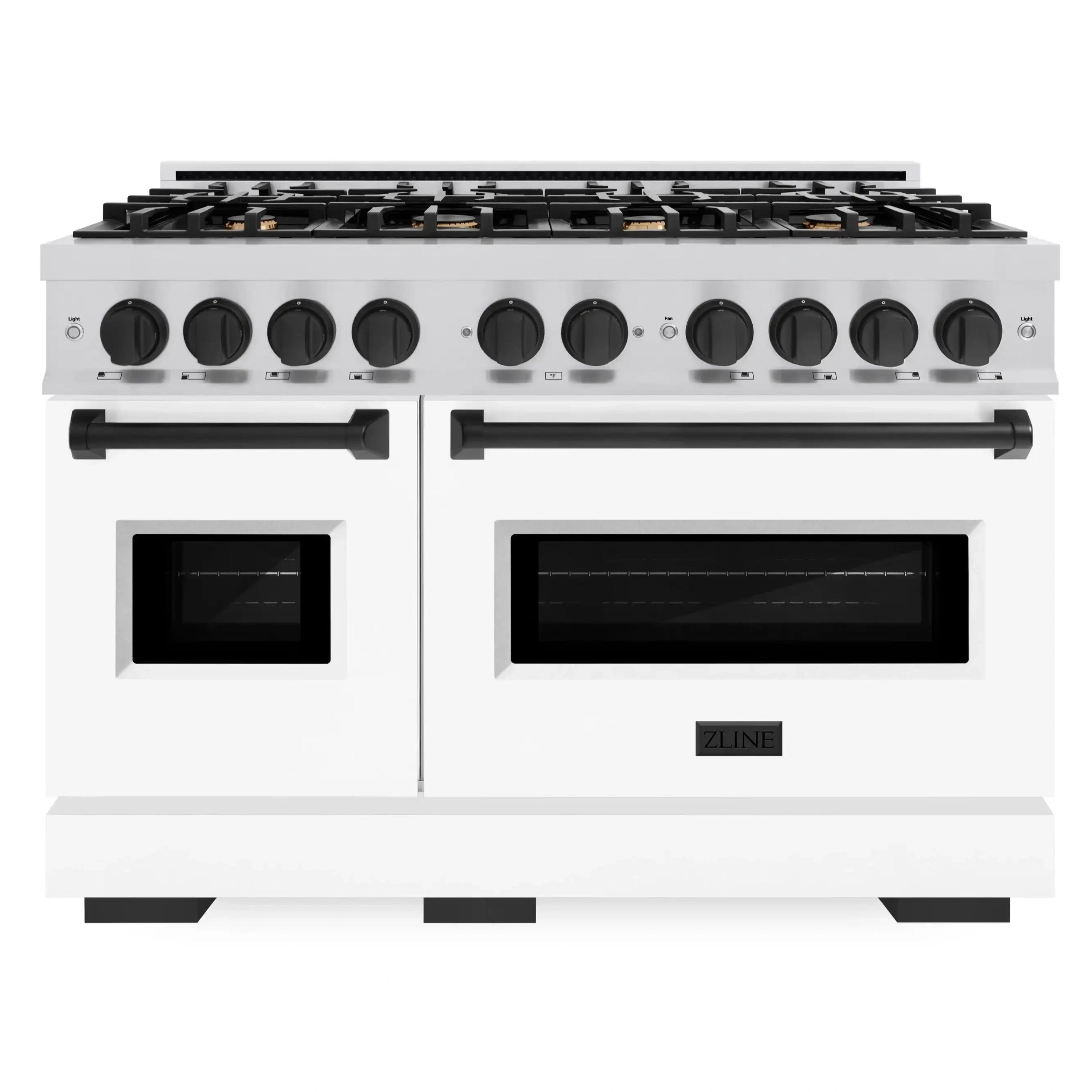 White dual fuel range with stainless accents, dual oven doors, and 8 burner cooktop
