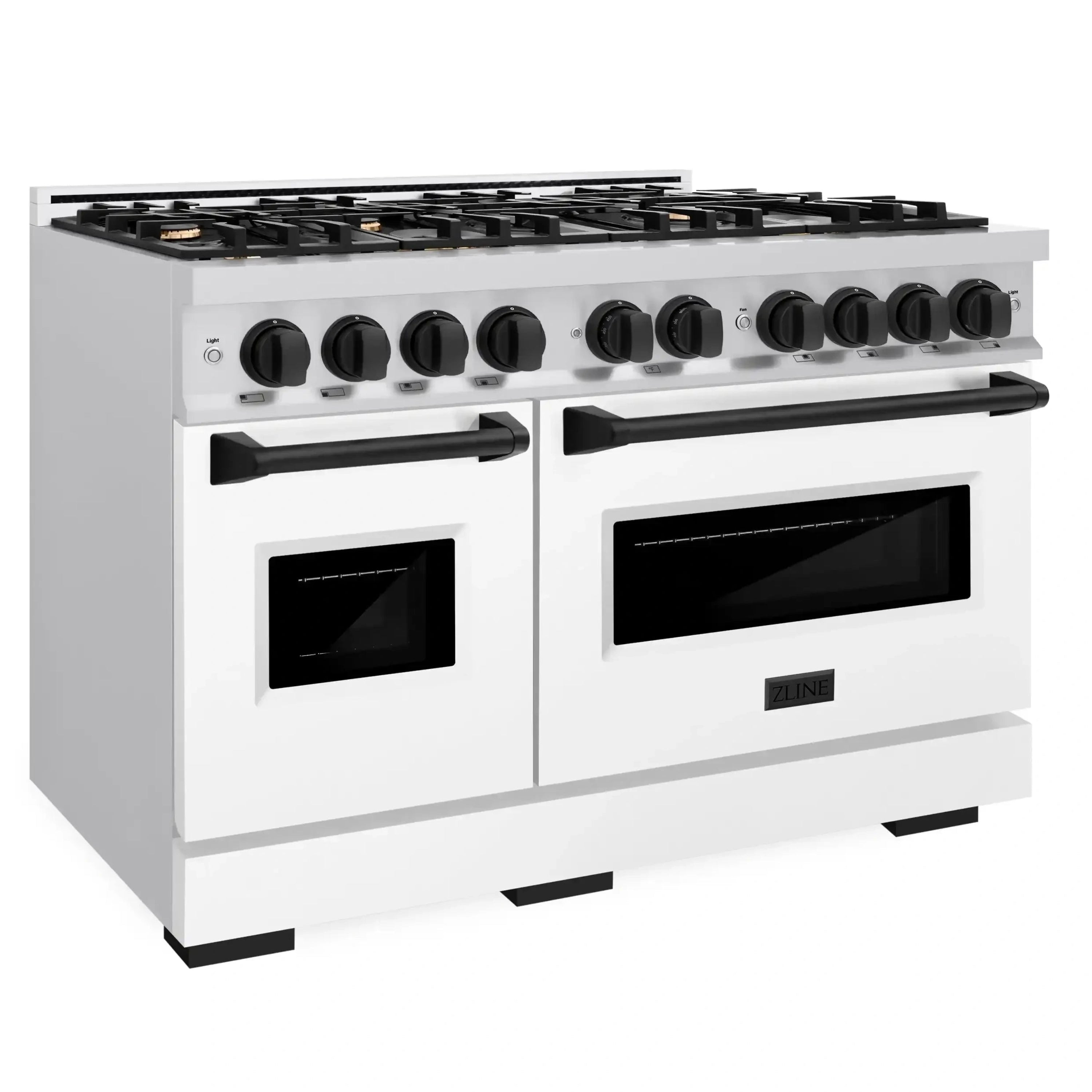 White dual fuel range with stainless trim, dual doors, and black burner grates
