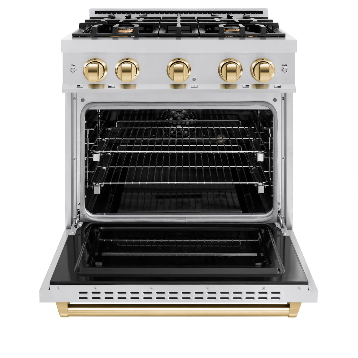 Stainless steel dual fuel range with open oven door, gold control knobs