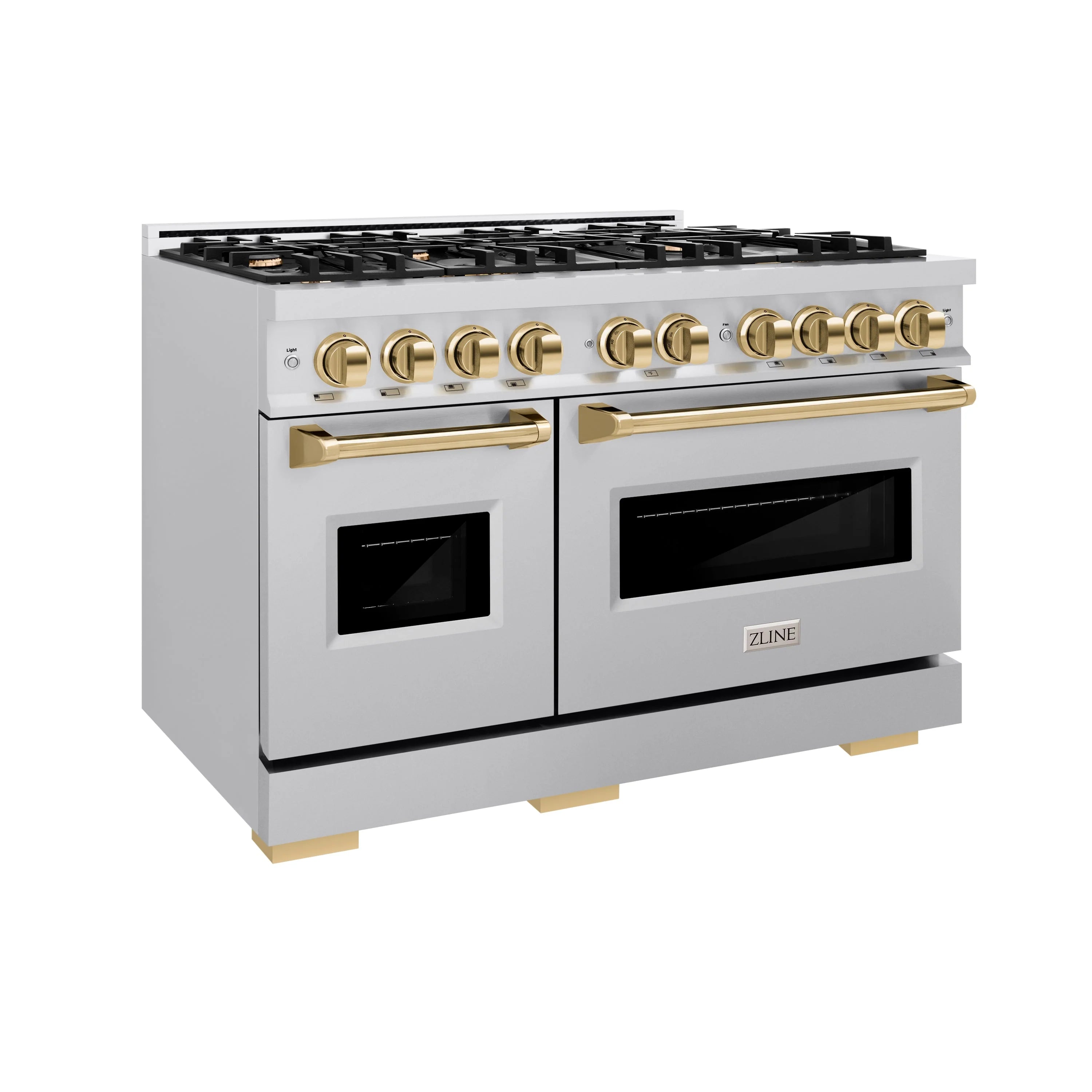 Stainless range with gold control knobs, black burners, and two oven doors