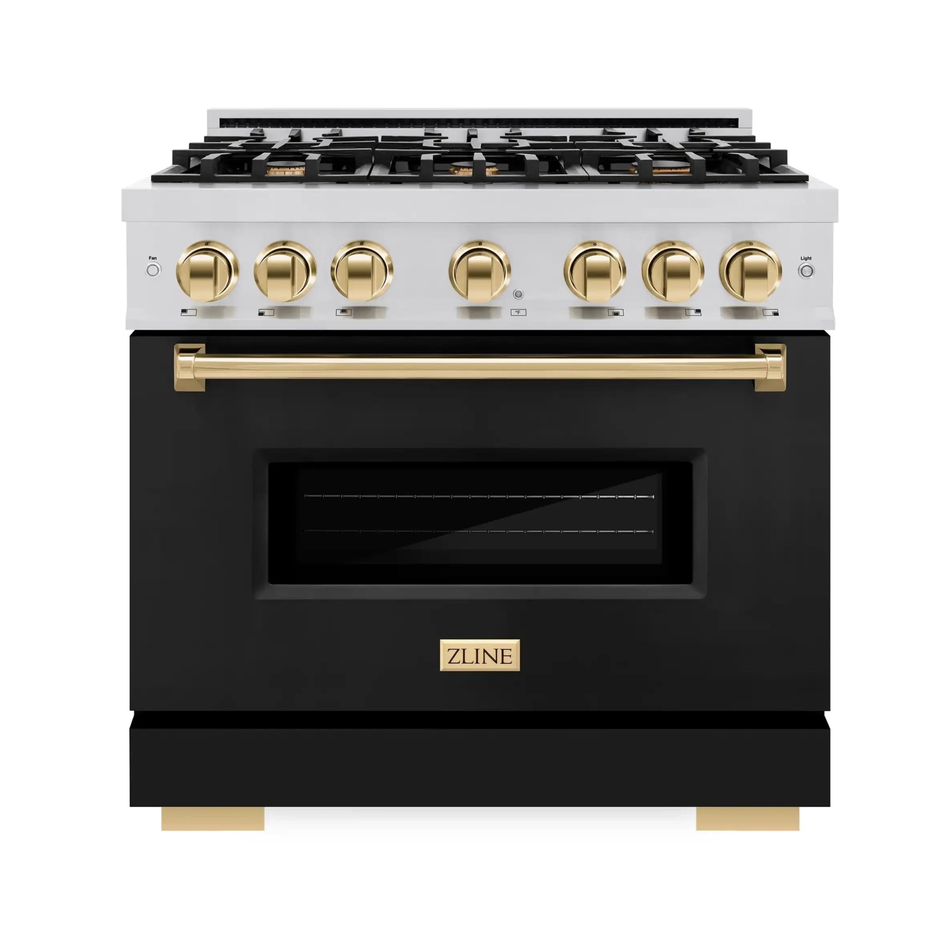 Stainless dual fuel range with black oven window, gold knobs and burner grates