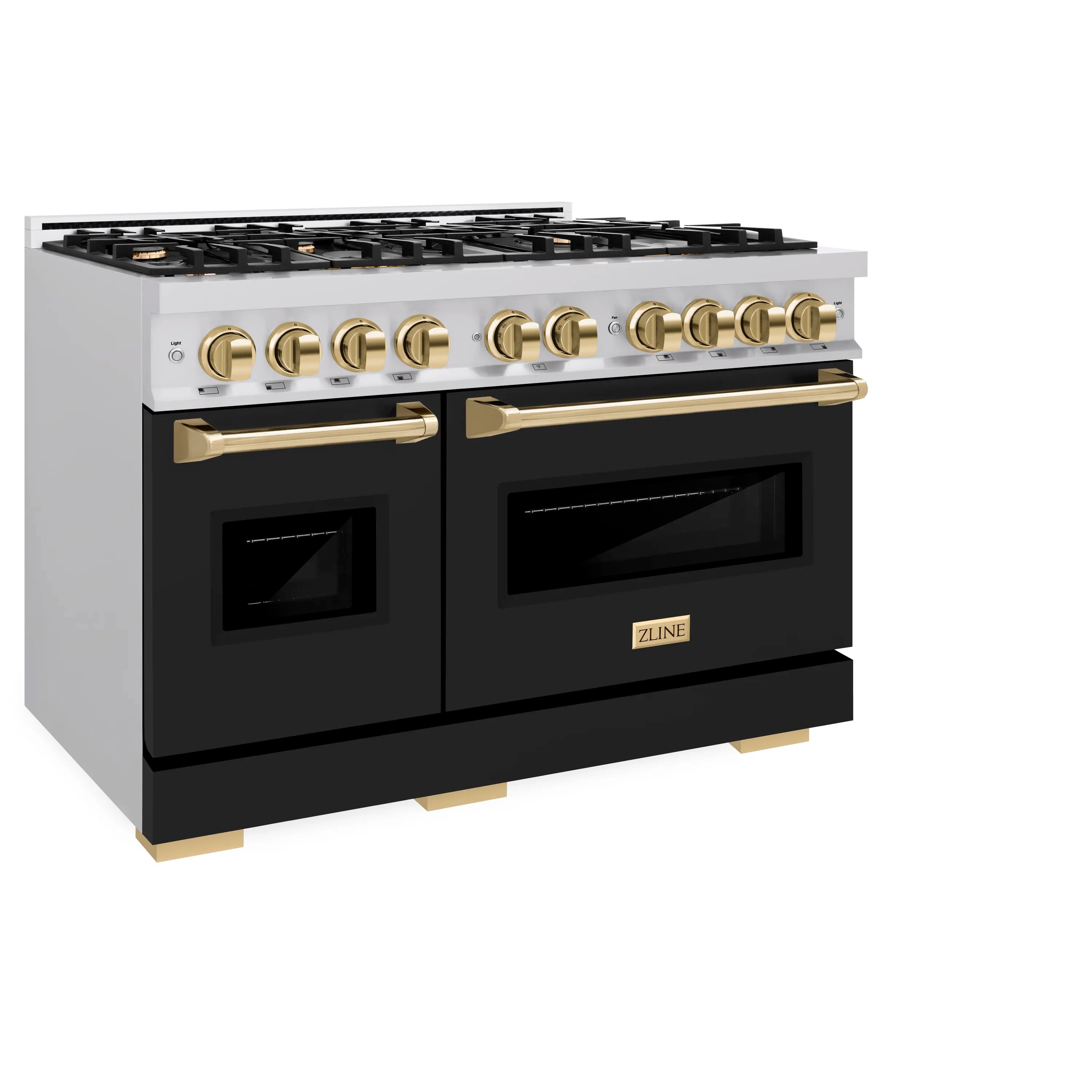 Dual-fuel range with stainless top, black doors, and gold-trim handles