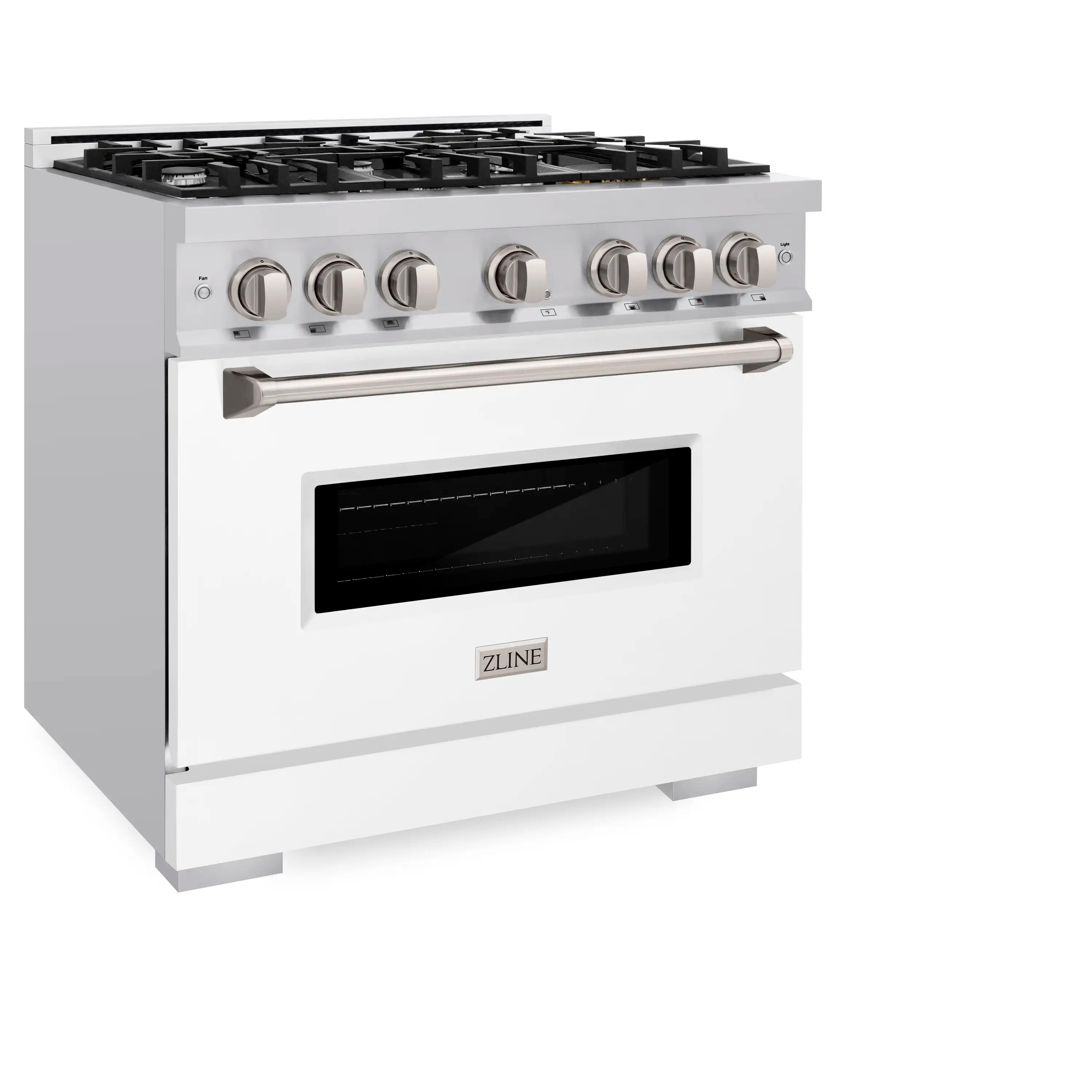 White matte dual fuel range front with six burner knobs and closed oven door