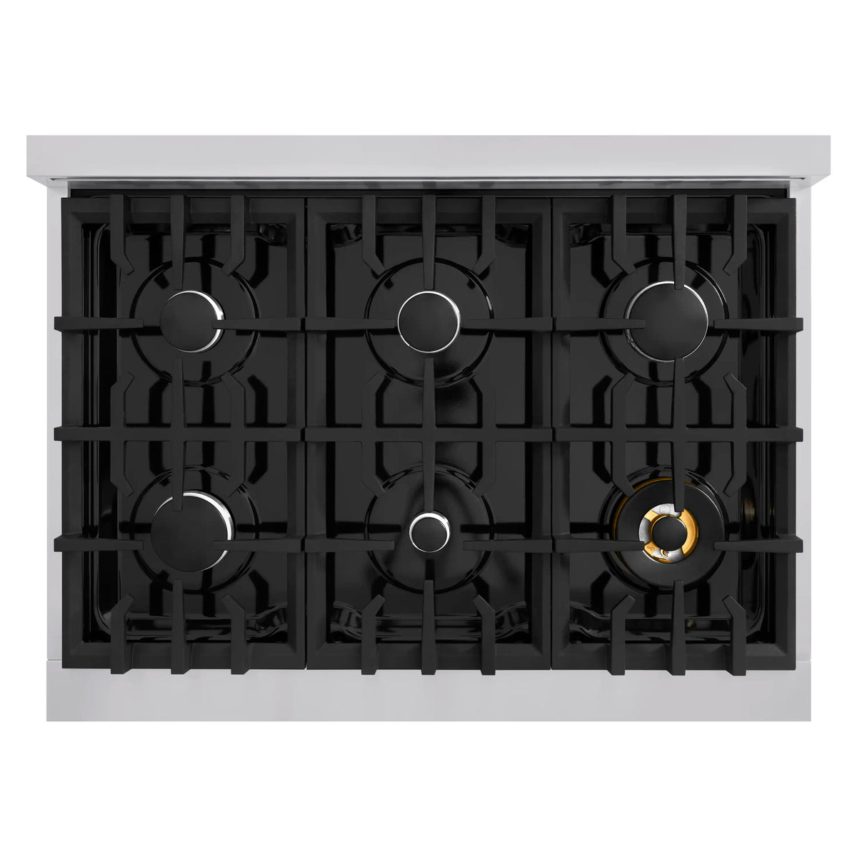 Six-burner cooktop with black grates and a highlighted control knob indicator