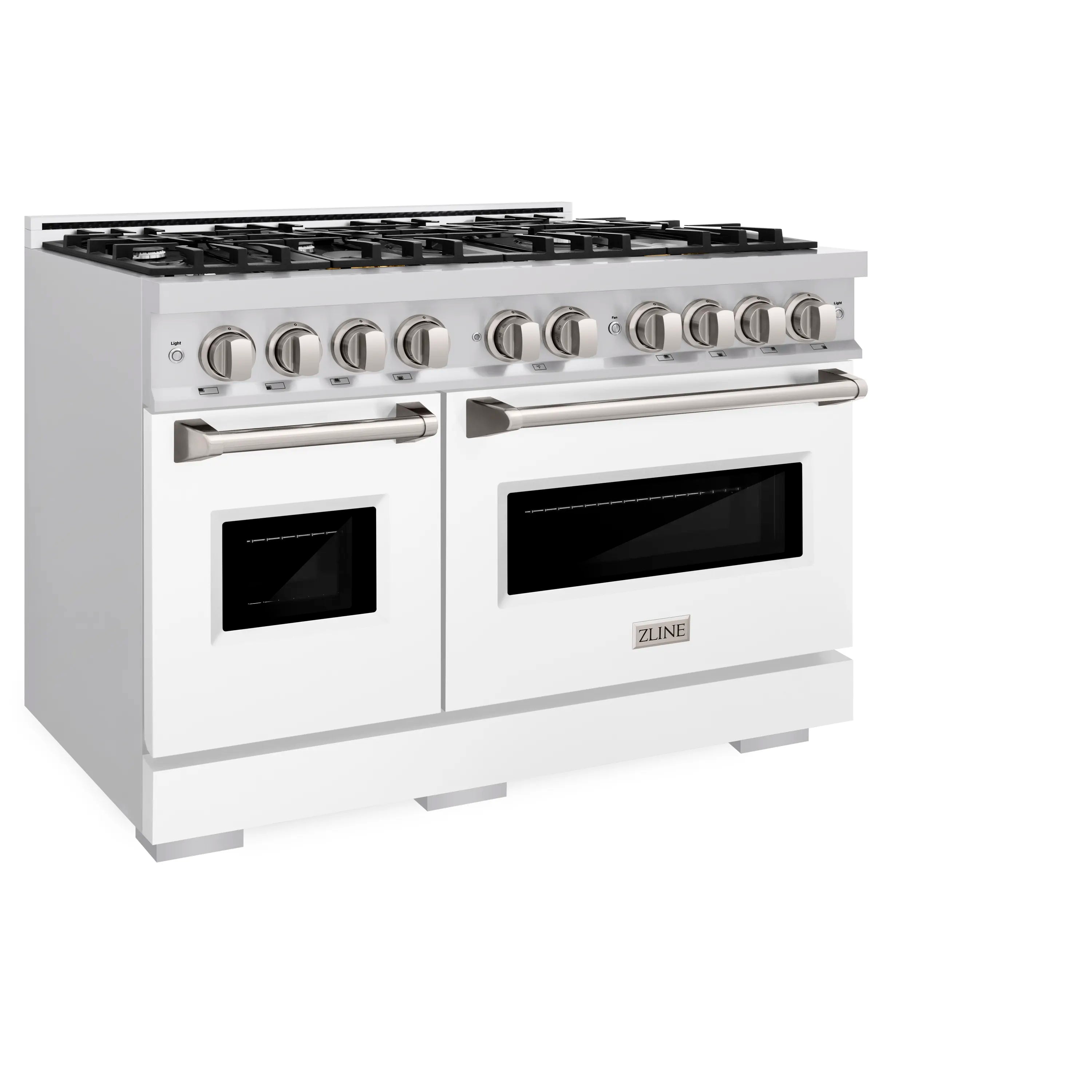 White matte dual-fuel range with black oven windows, stainless control knobs, and grates