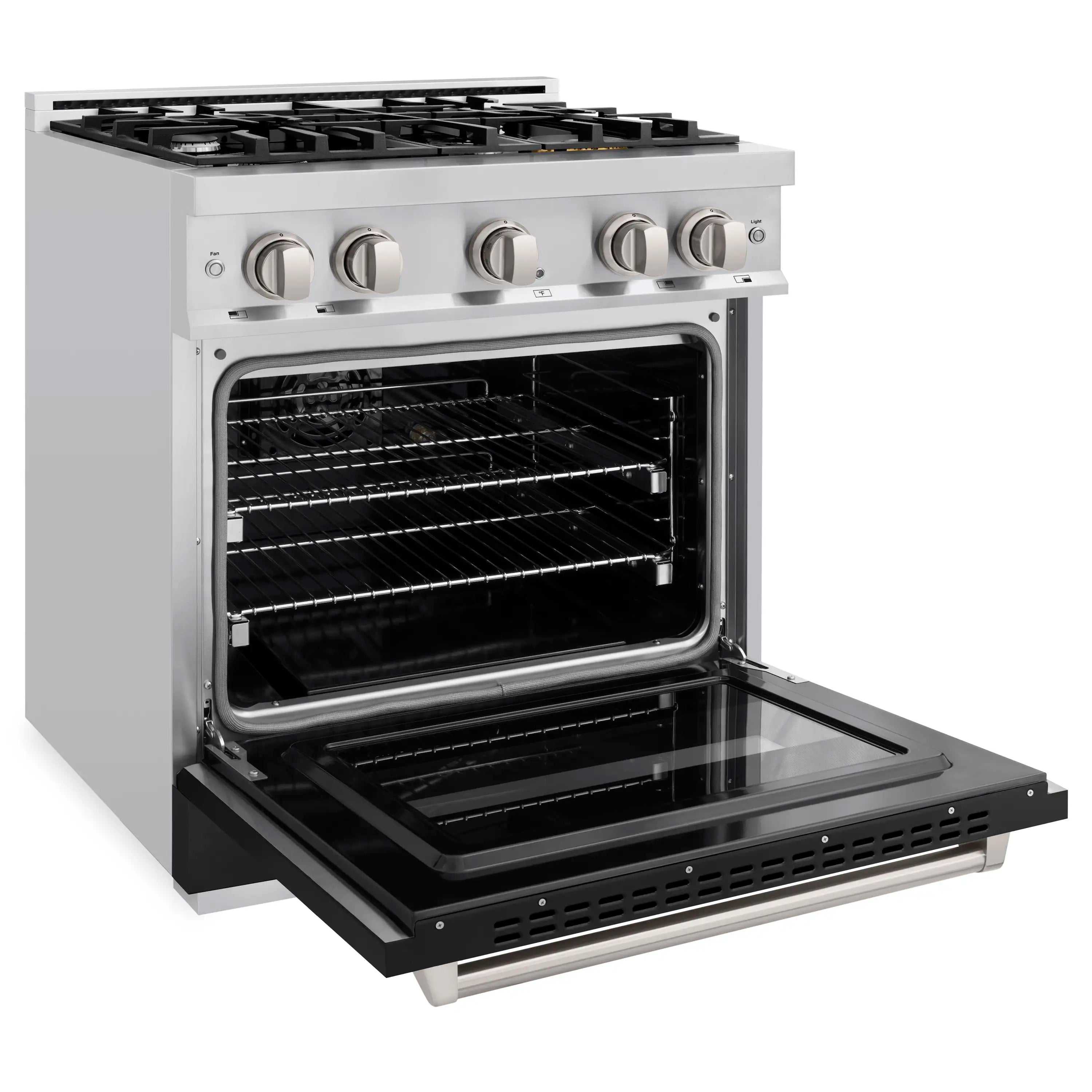 Stainless steel gas oven with open door, wire racks inside, and four-burner cooktop