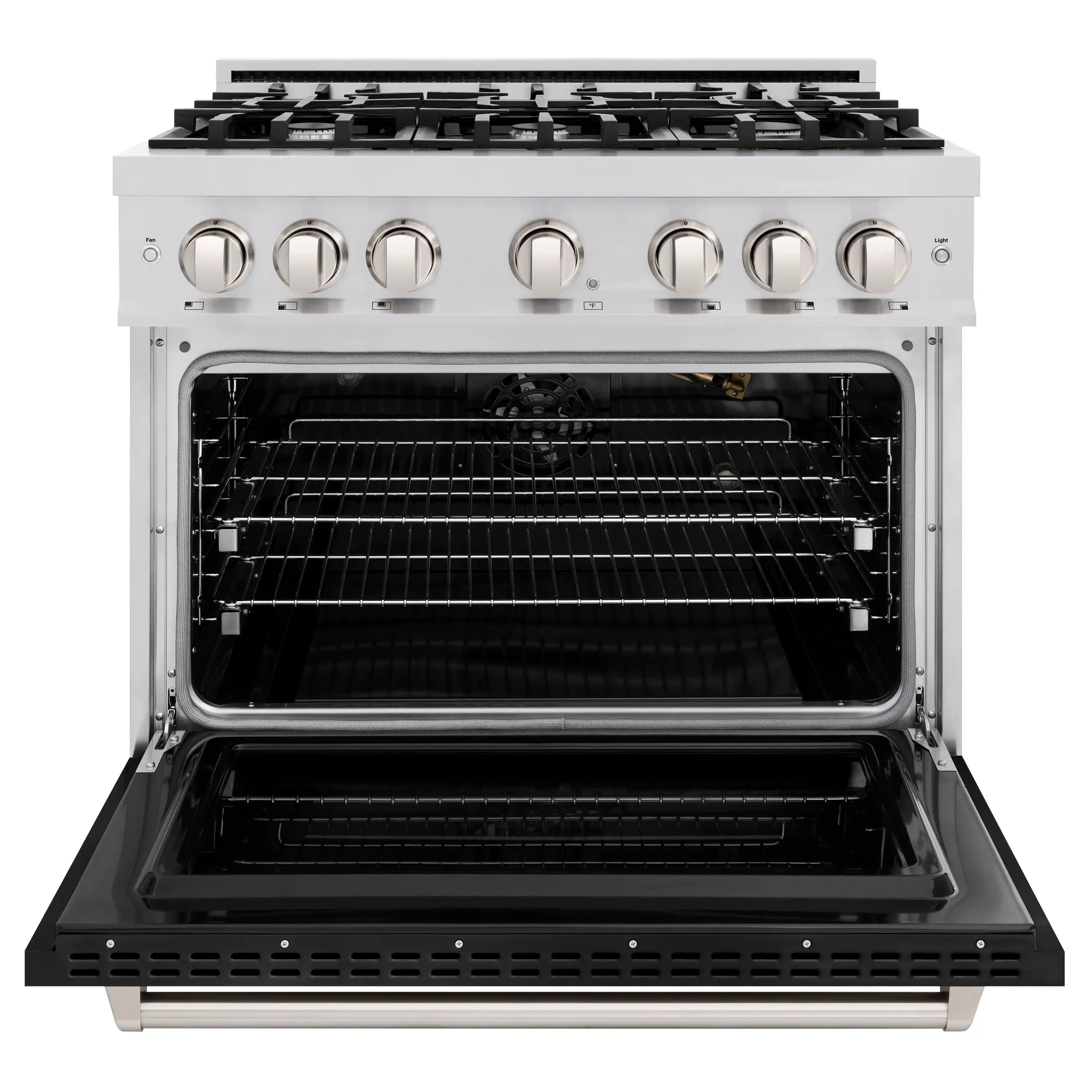 Stainless gas oven with open door and racks, black enamel interior