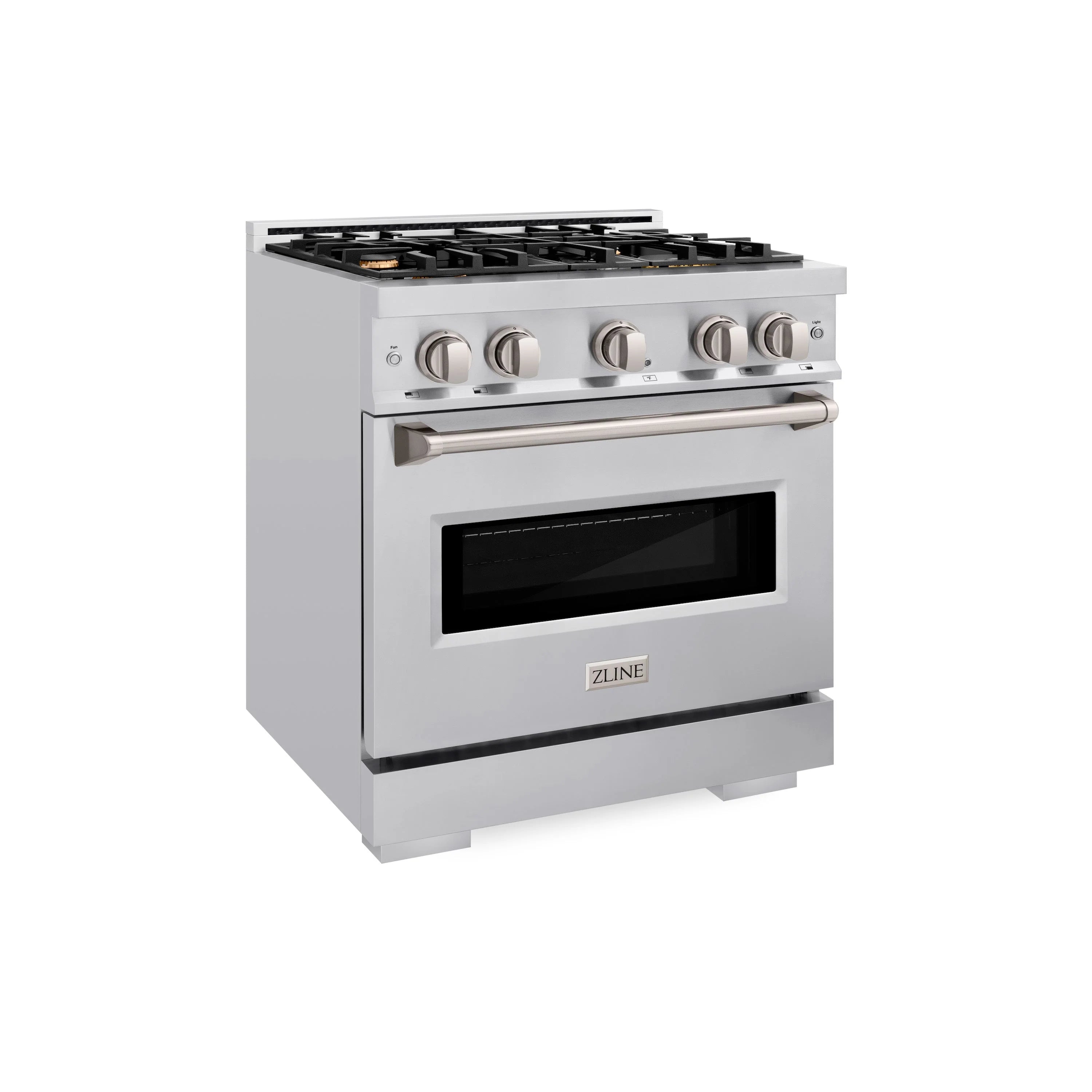 Stainless steel freestanding gas range with four burners and closed oven door
